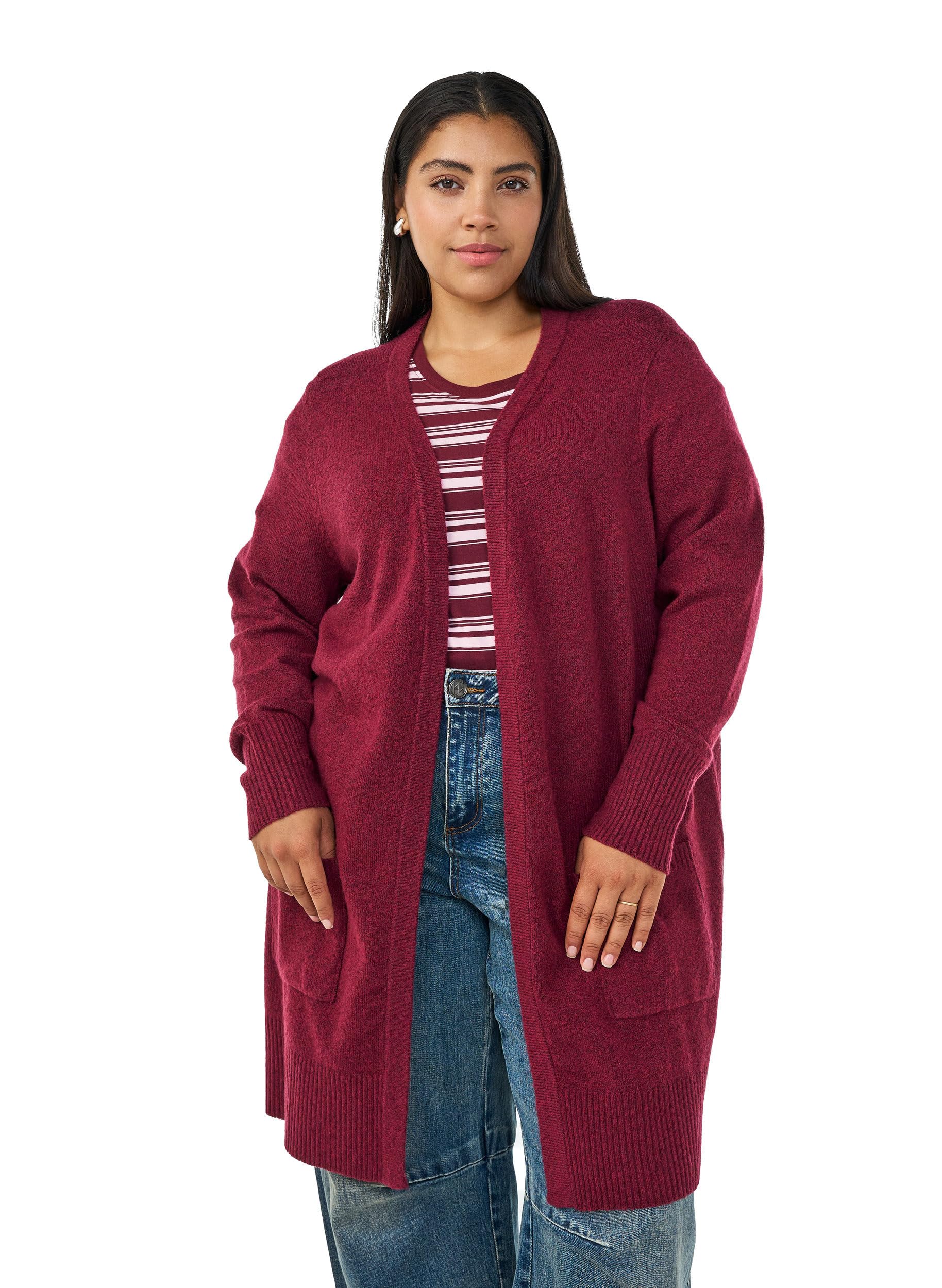 Zizzi Cardigan Lang Meliert mit Taschen Damen