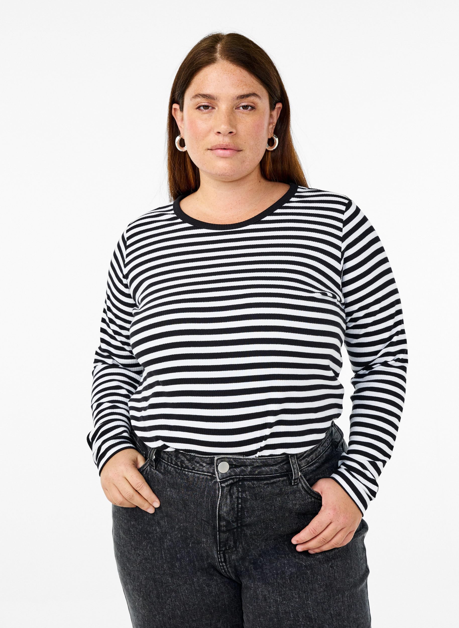 Zizzi Blouses Streifen-Bluse Langarm Baumwolle Black/White 50-52