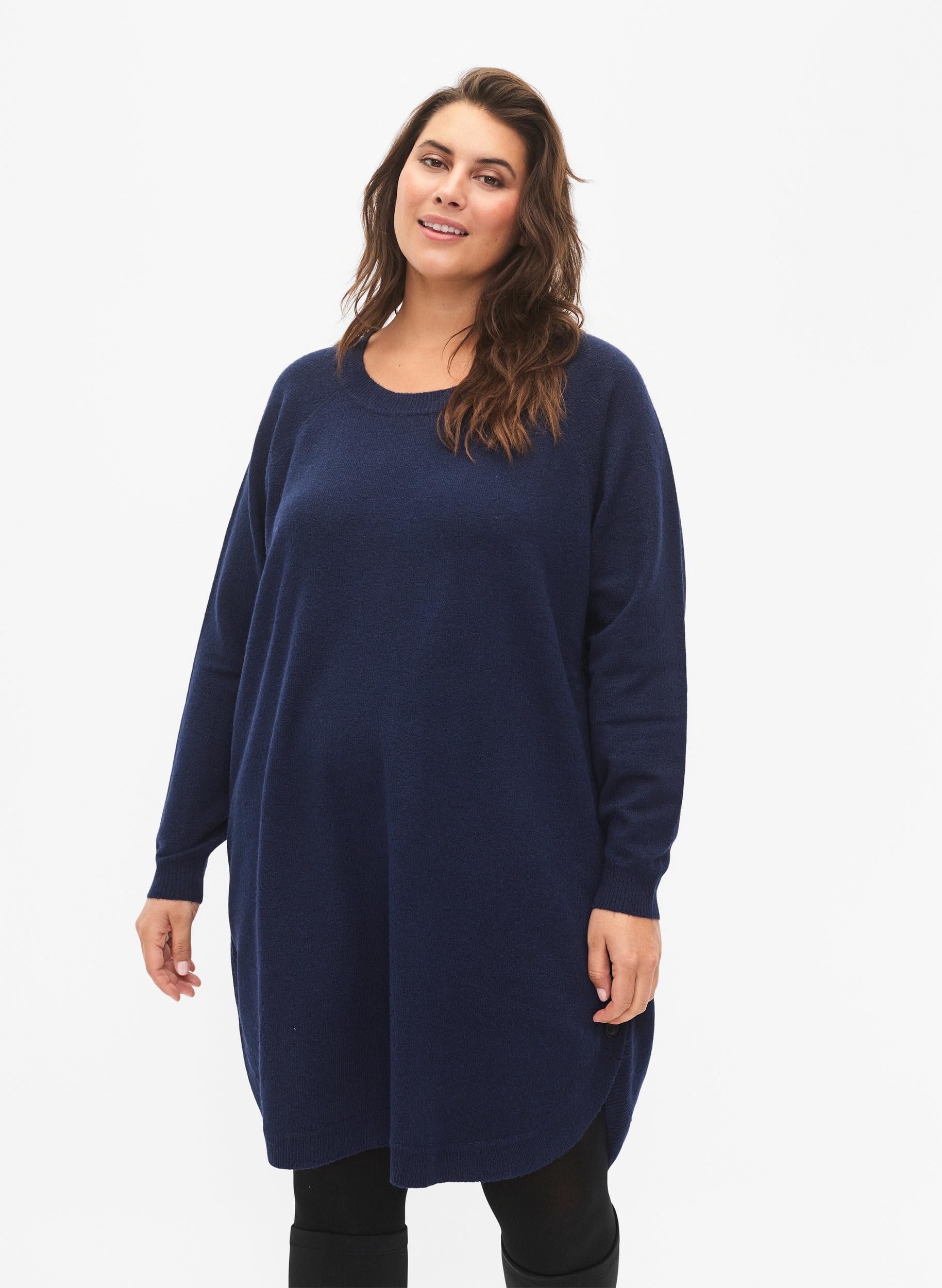Zizzi Strickkleid Damen Melange Rundhals Knöpfe locker