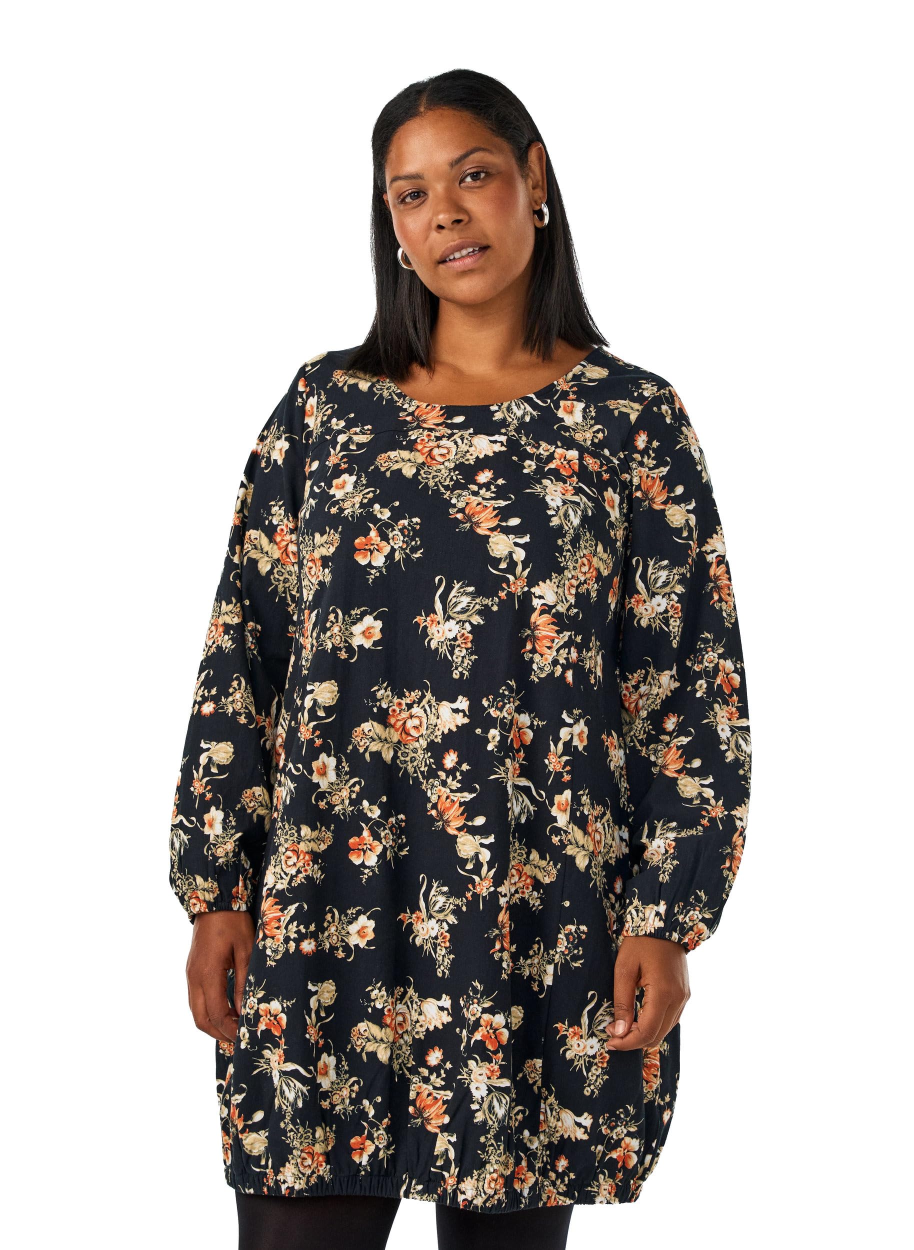 Zizzi Kleid Kurz Baumwolle Rundhals Gummizug Große Größen