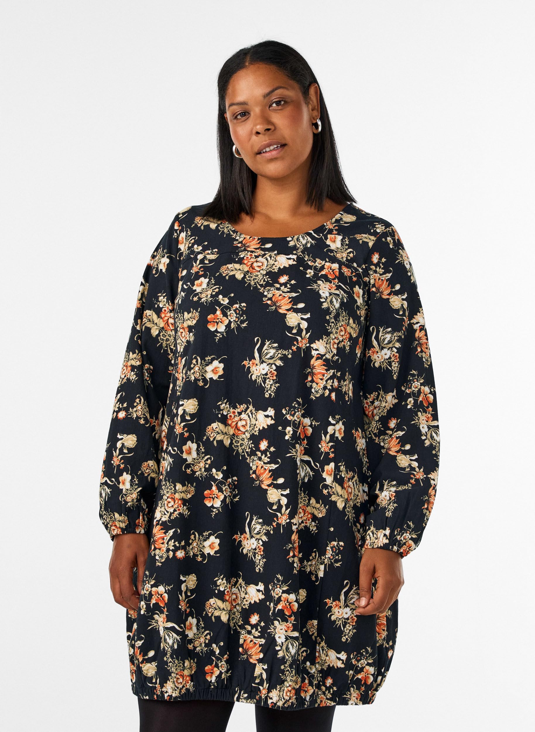 Zizzi Kleid Kurz Lange Ärmel Baumwolle Große Größen Rundhals