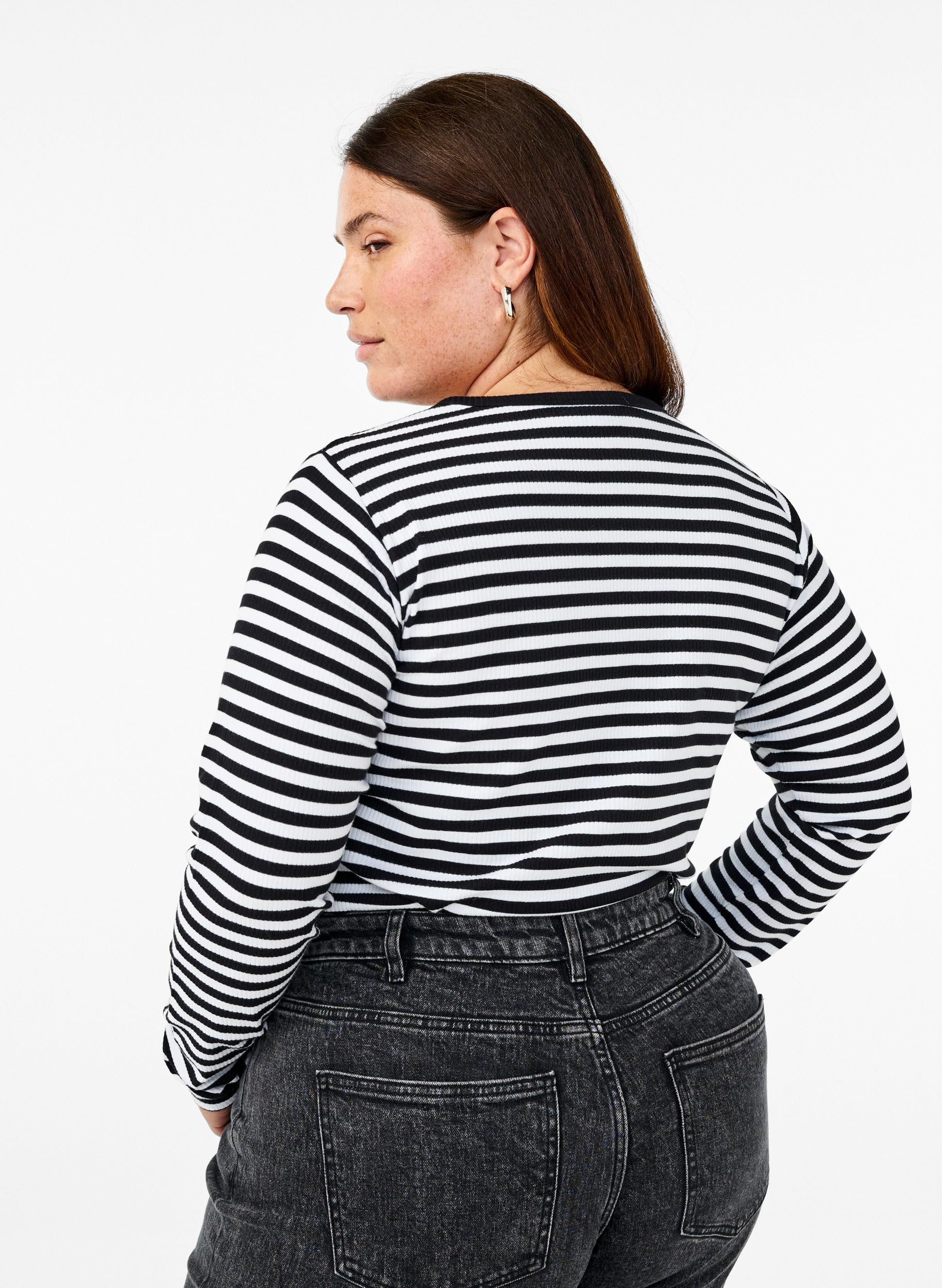Zizzi Blouses Streifen-Bluse Langarm Baumwolle Black/White 50-52