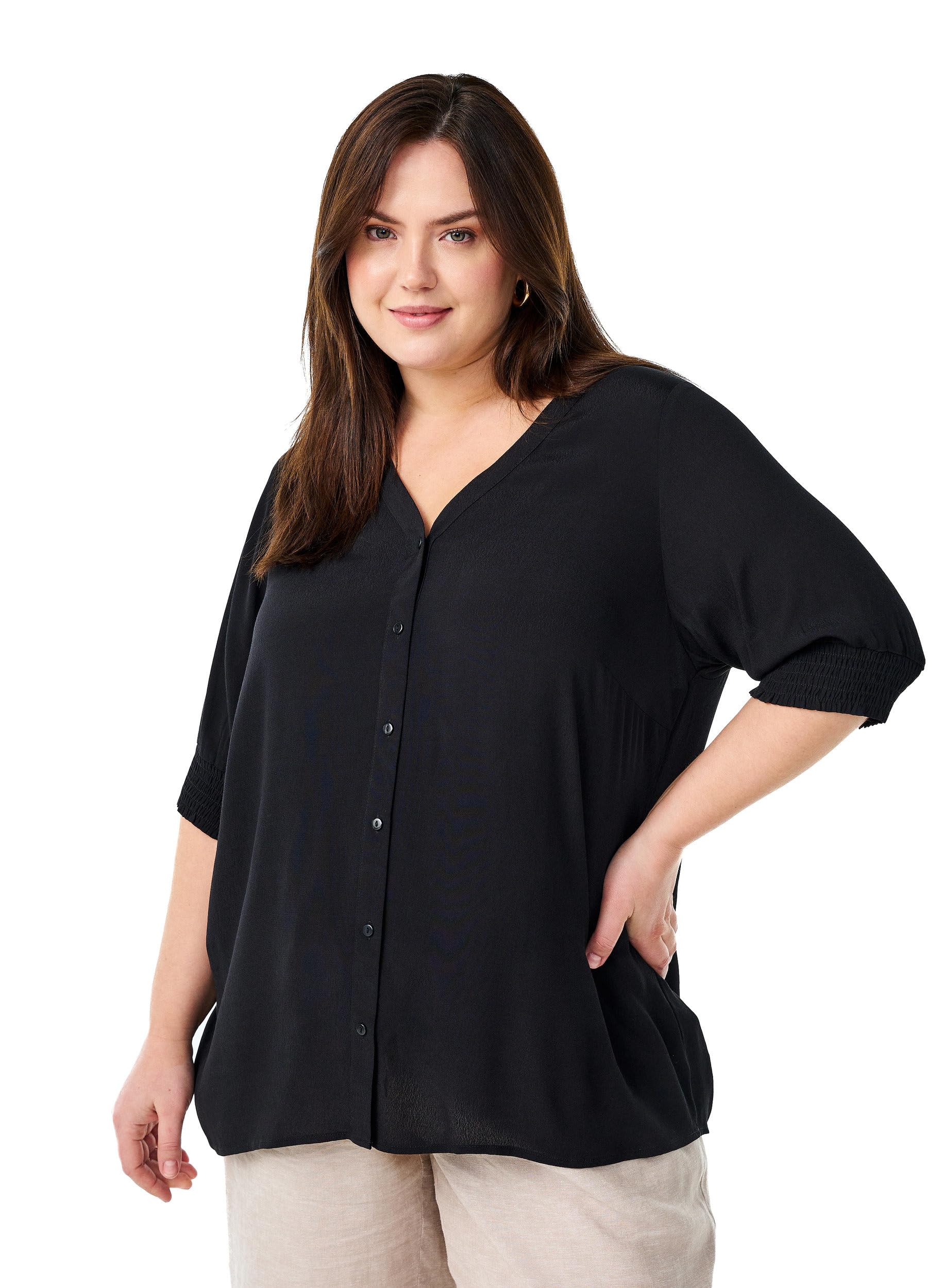 Zizzi Hemdbluse Viskose Kurzarm V-Ausschnitt Bluse Regular Fit