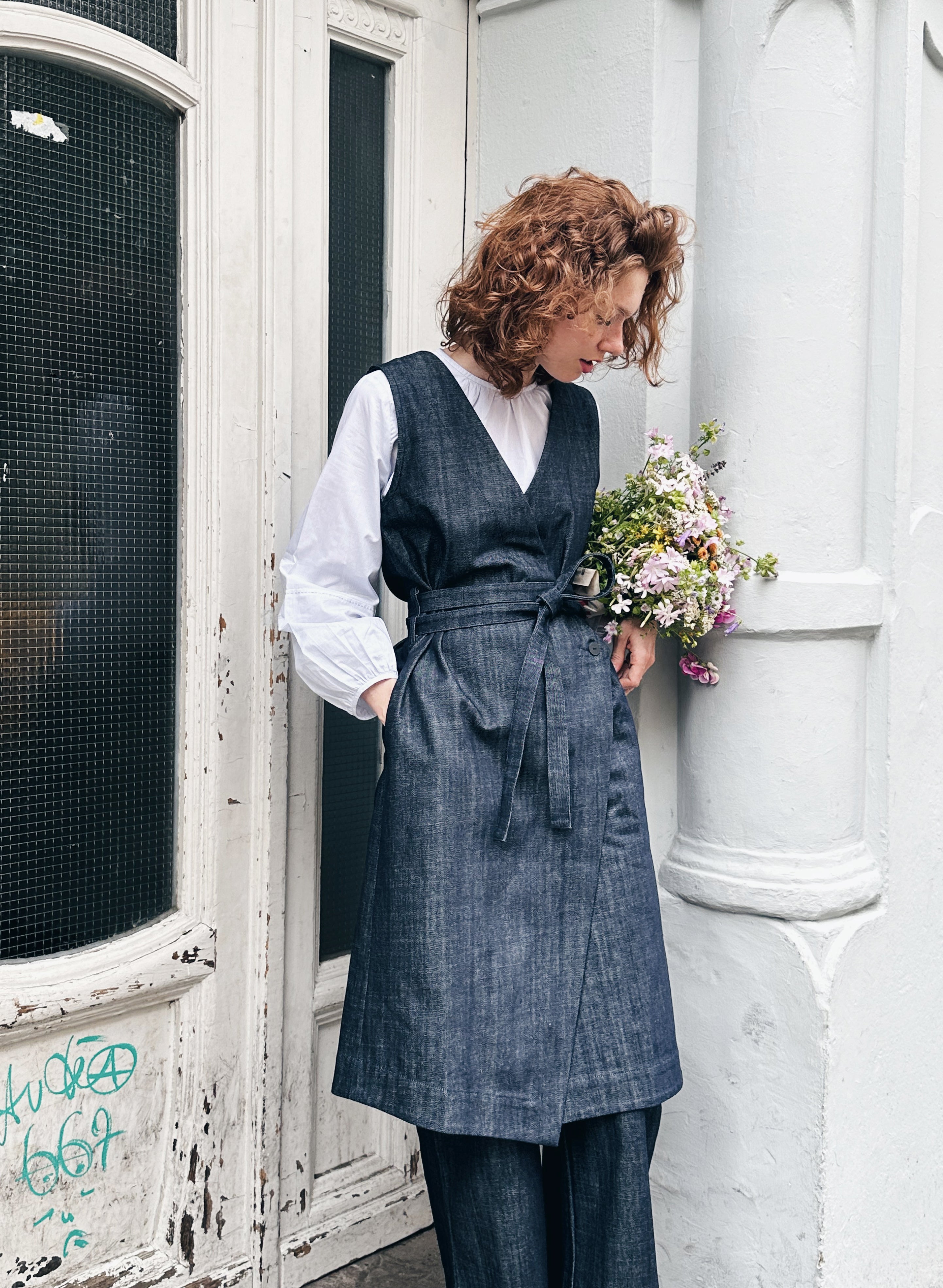 Christiane Strobel CLIO Wickelkleid Bio-Denim Bindegürtel Größe S