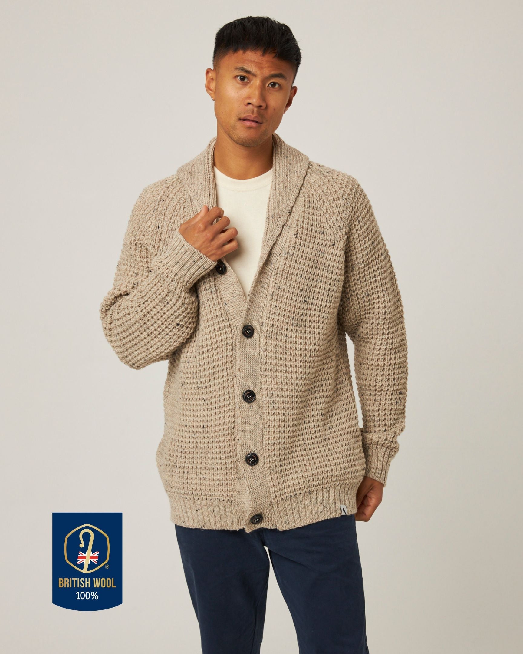 Peregrine Waffle Shawl Cardigan Strickjacke Navy Wolle