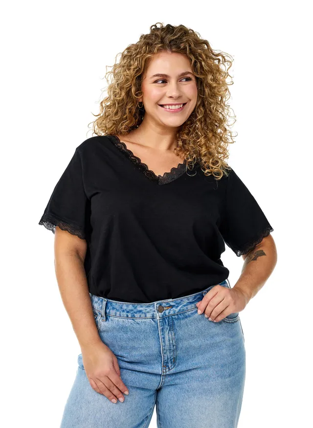 Zizzi T-Shirt Damen Baumwolle V-Ausschnitt Spitze große Größen