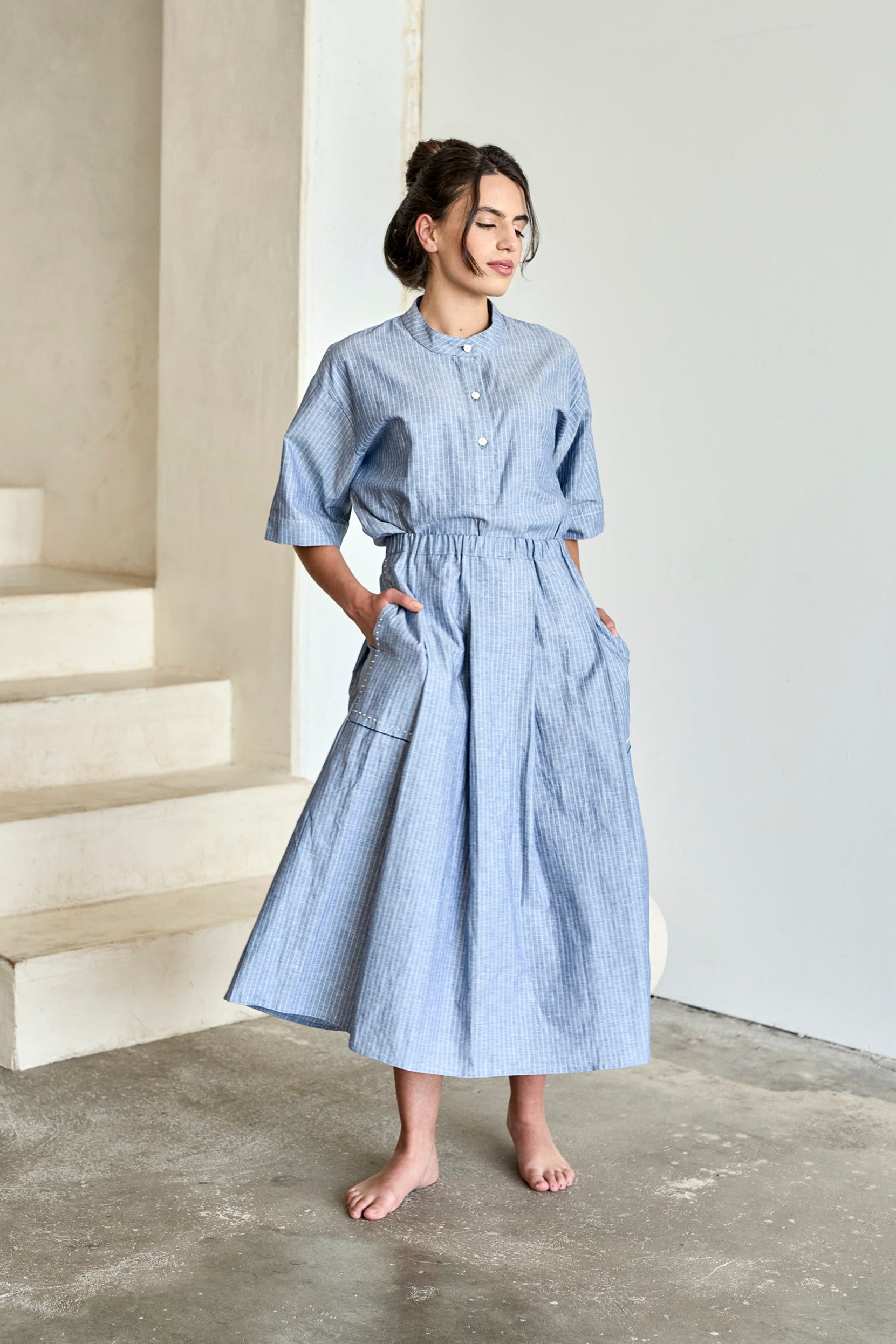 Christiane Strobel ANNY Rock Midi A-Linie Babyblau Nadelstreifen
