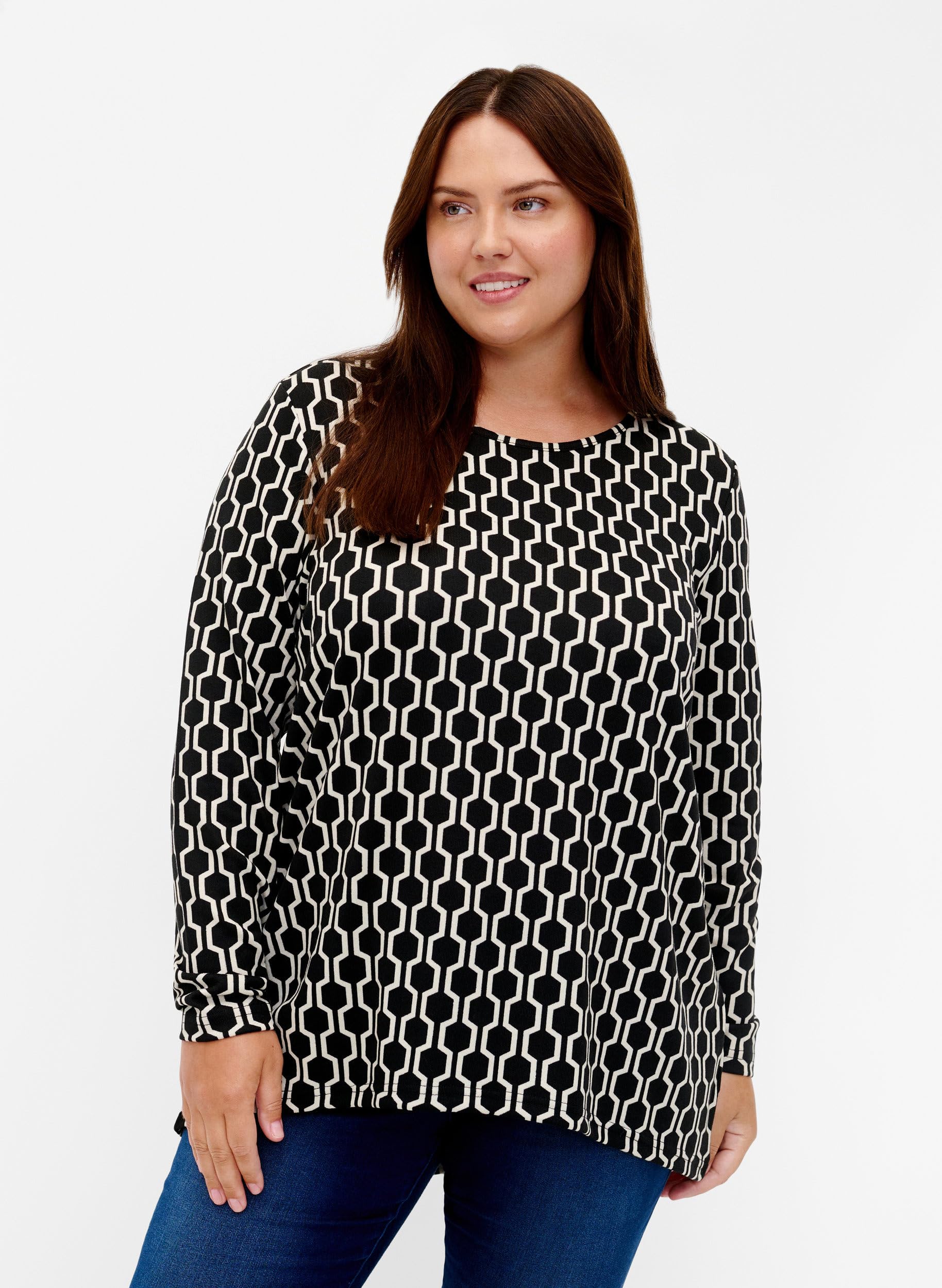Zizzi Bluse Muster Lange Ärmel Rundhals Große Größen