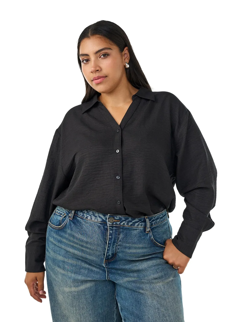Zizzi Hemdbluse V-Ausschnitt Langarm Schwarz Große Größen