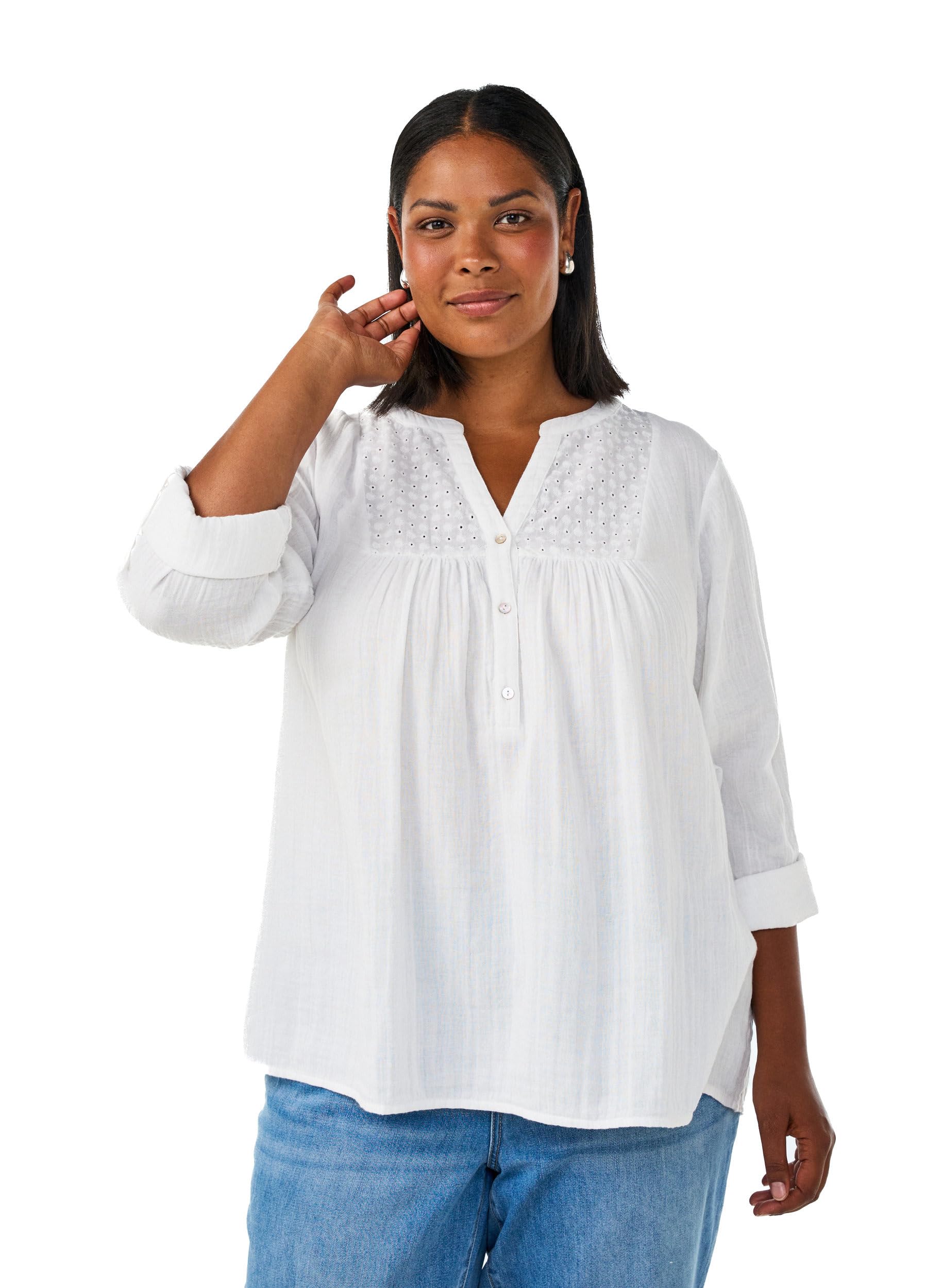 Zizzi Musselinbluse Damen Rhododendron Lochstickerei Gr.50-52