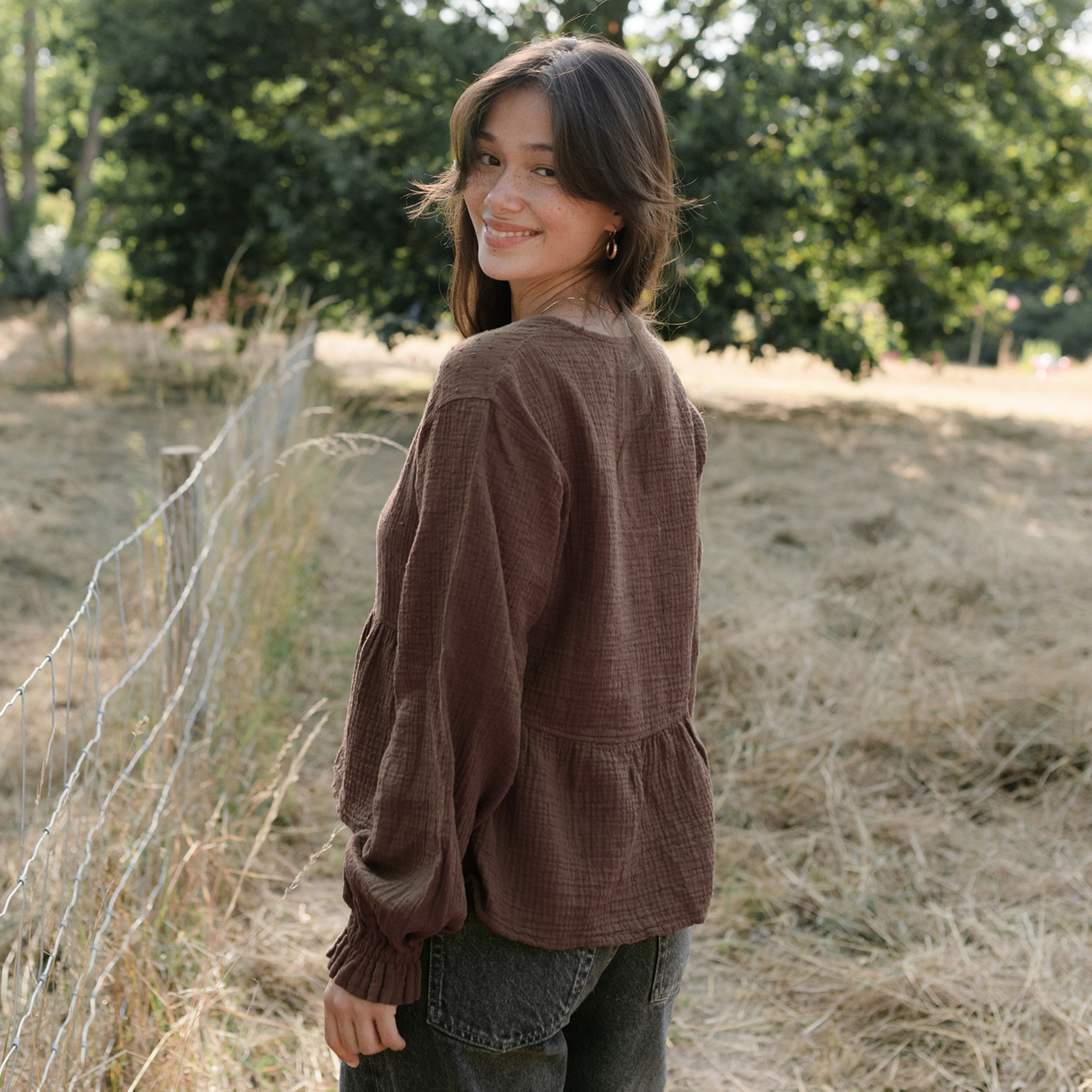 NORDLICHT Selma Musselin Bluse Braun mit Punkten