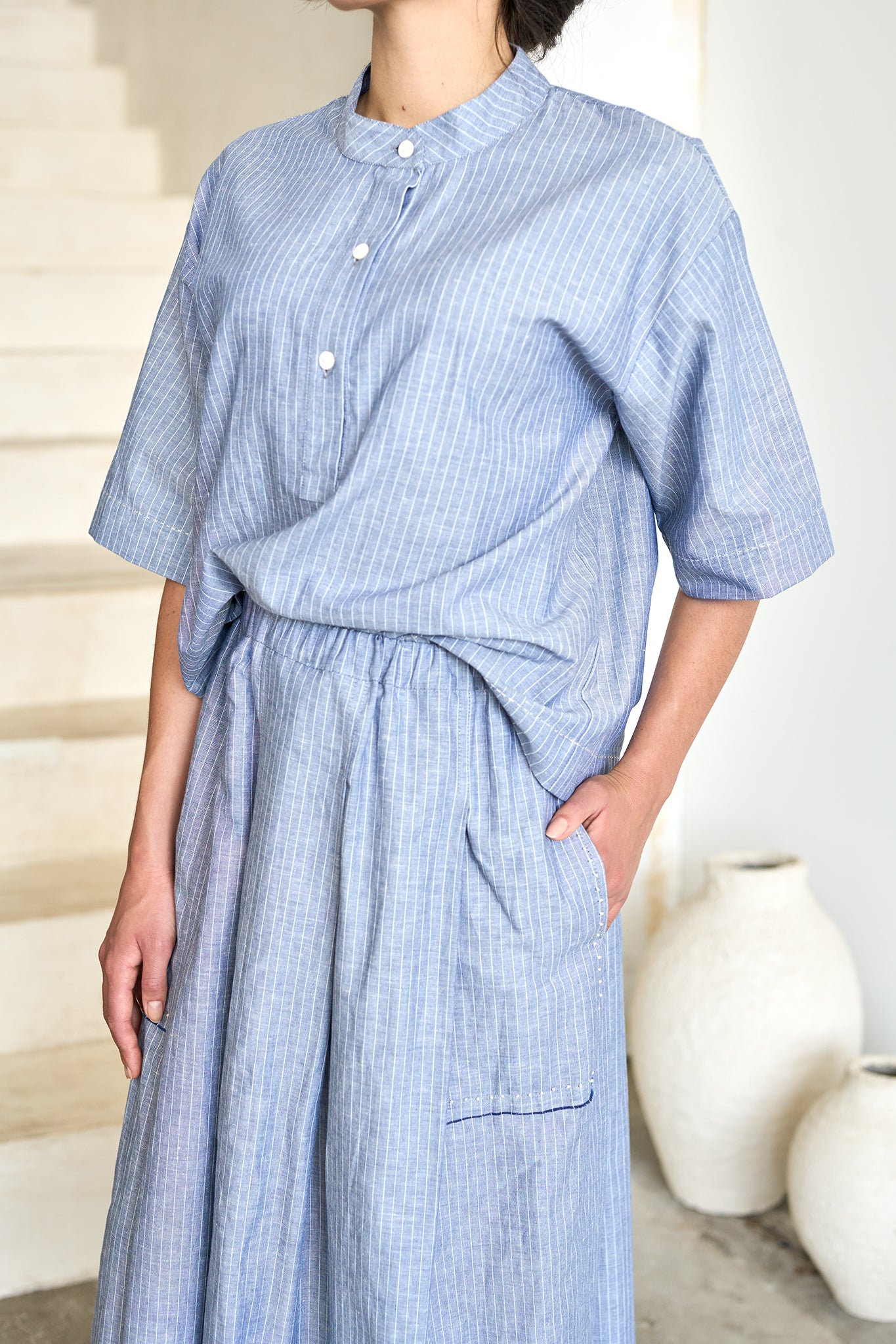 Christiane Strobel ANNY Rock Midi A-Linie Babyblau Nadelstreifen