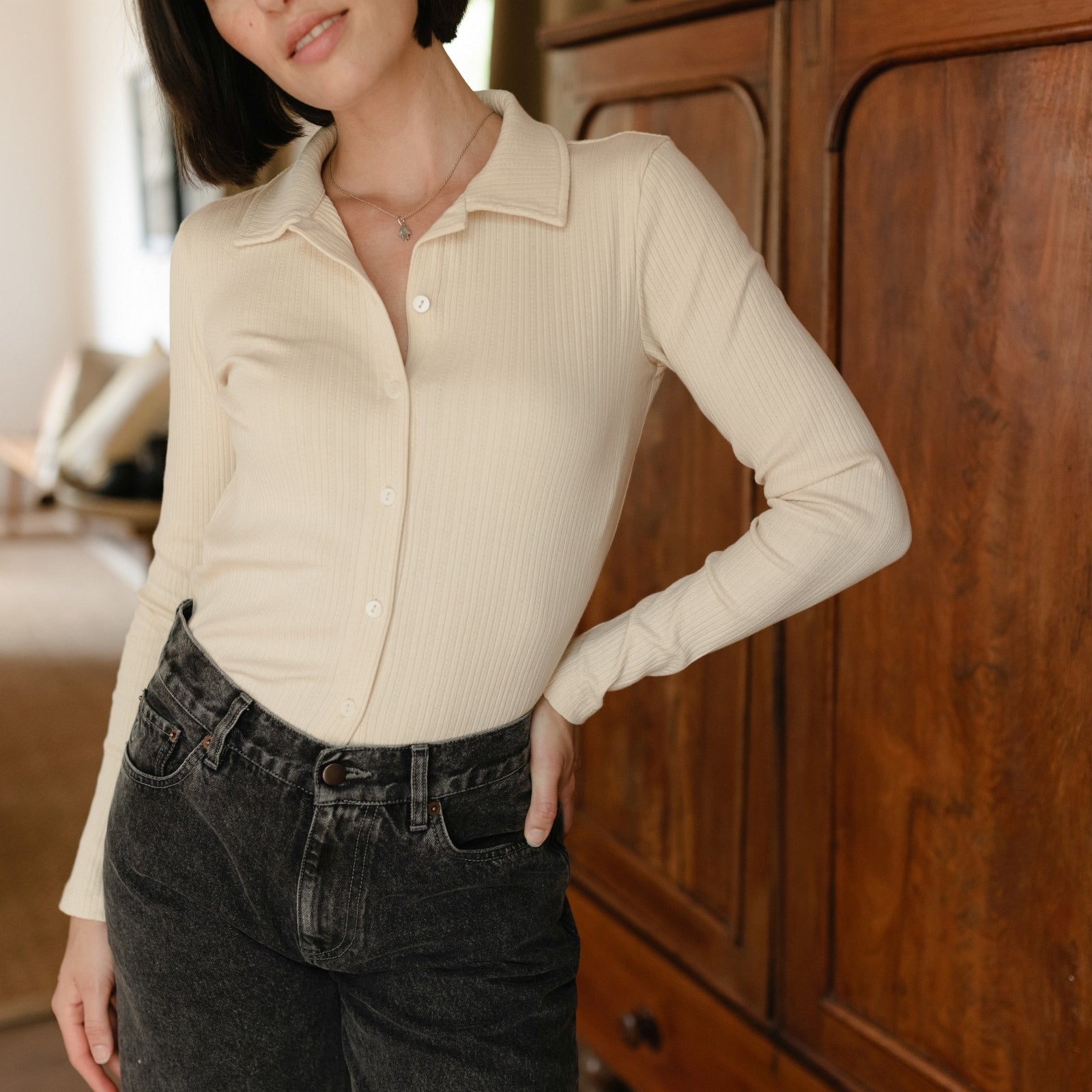 NORDLICHT Blusen Ripp Jersey Bluse Anne Natur Knopfleiste