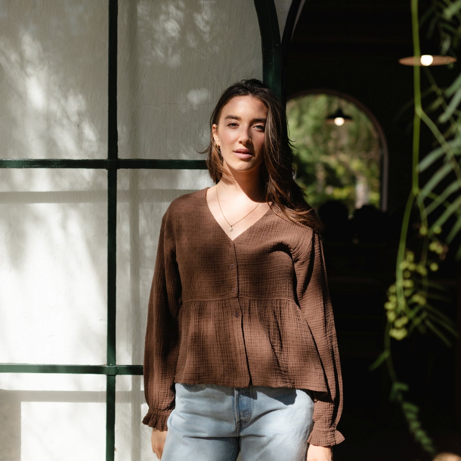 NORDLICHT Selma Musselin Bluse Braun mit Punkten