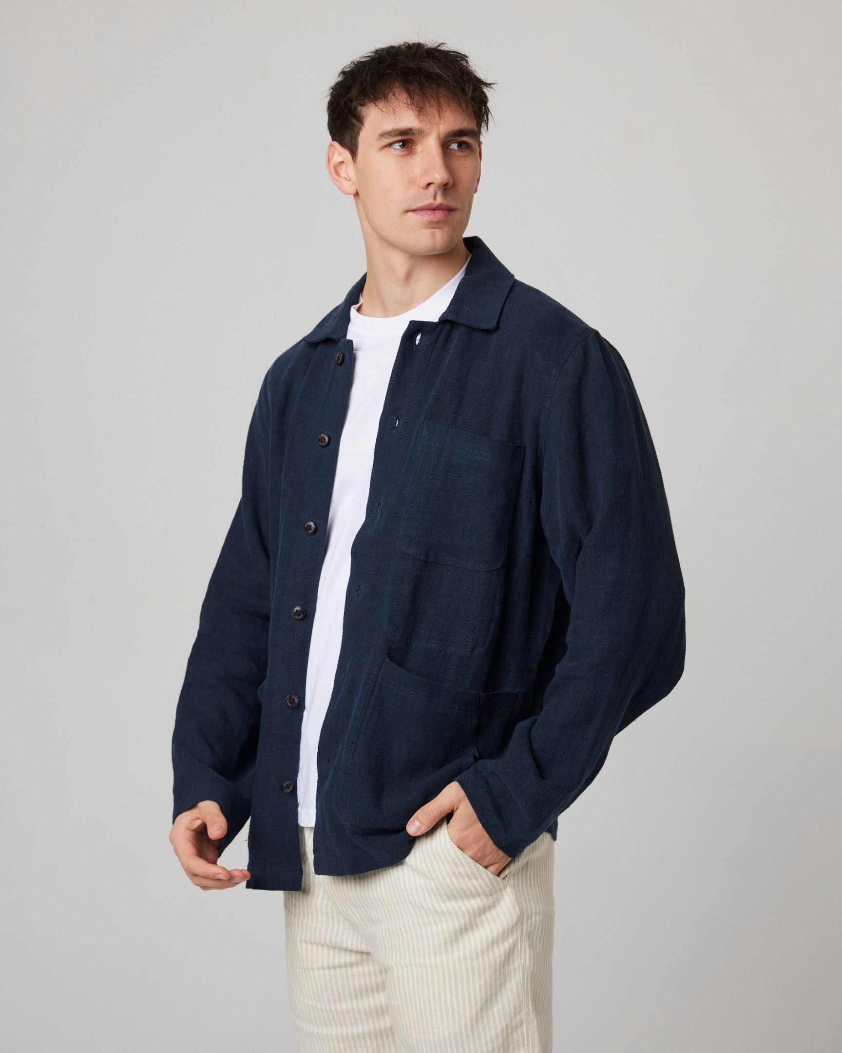 Peregrine Windsor Linen Shacket Hemdjacke Navy Stripe Leinen
