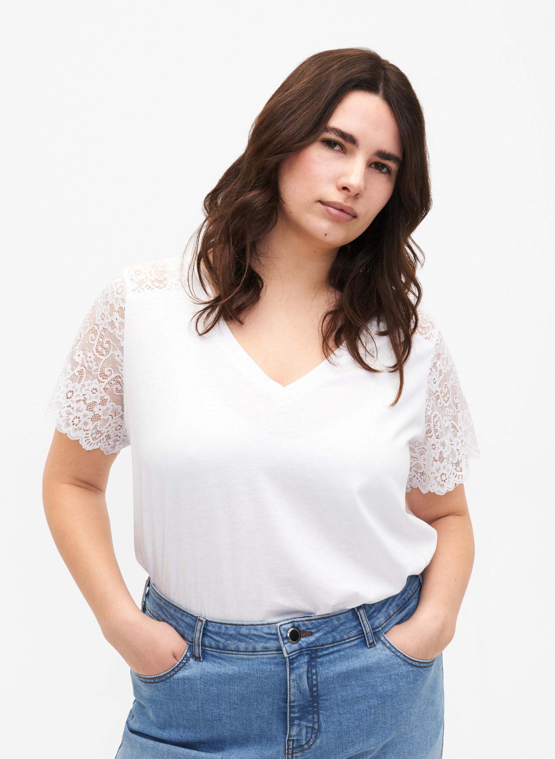 Zizzi T-Shirts & Tops T-Shirt V-Ausschnitt Spitze Baumwolle