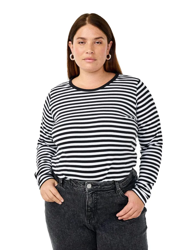Zizzi Blouses Streifen-Bluse Langarm Baumwolle Black/White 50-52