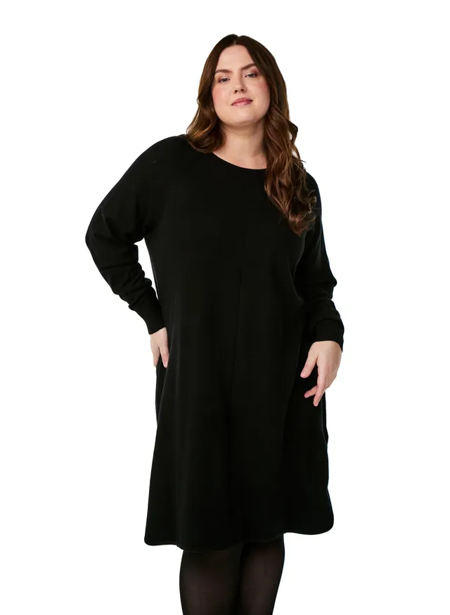 Zizzi Dresses Strickkleid Rundhals Schlitz Black große Größen