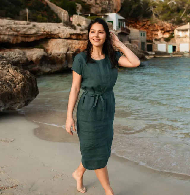 NORDLICHT Elin Leinen Kleid Dunkelgrün mit Taschen