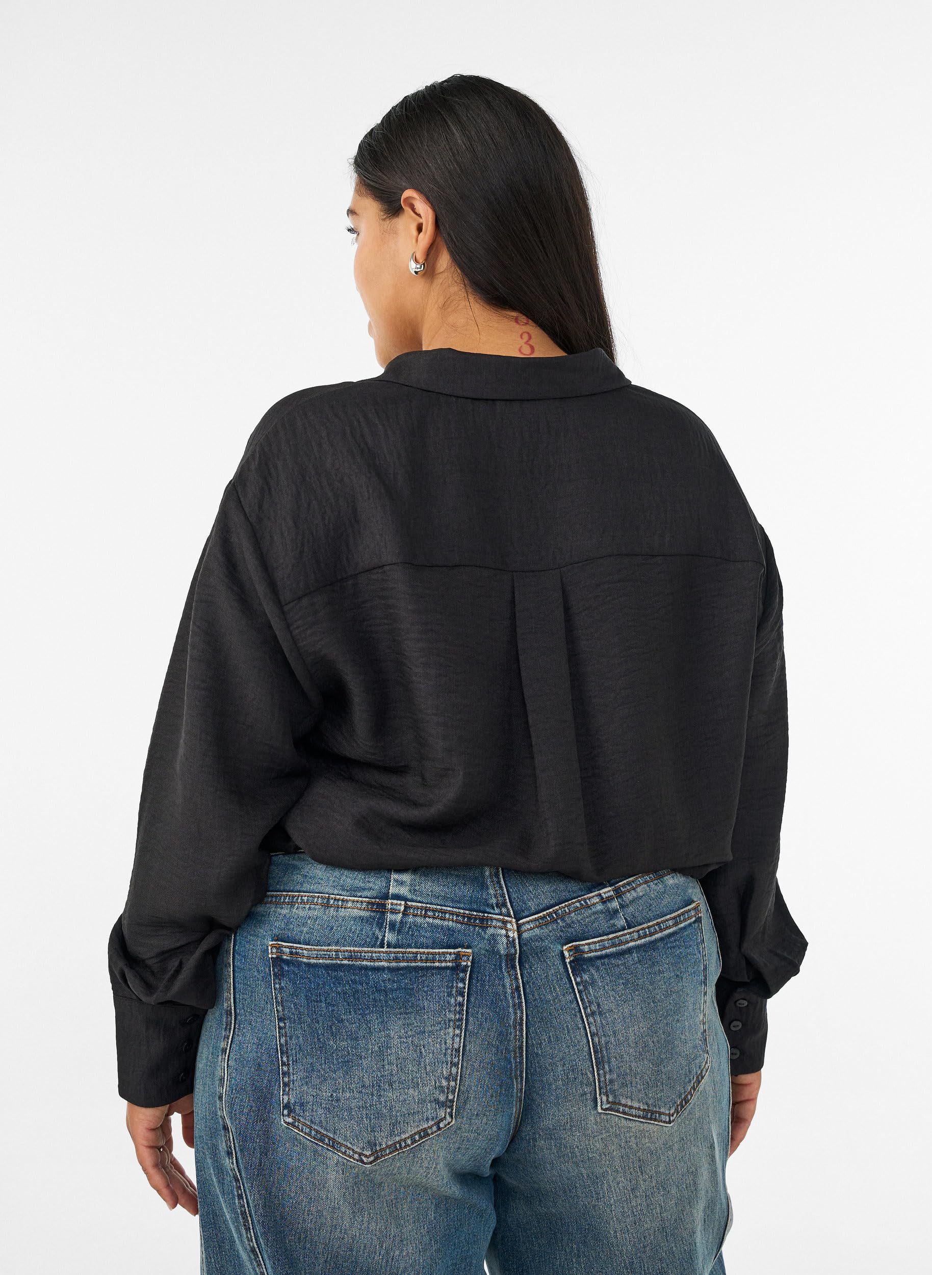 Zizzi Hemdbluse V-Ausschnitt Langarm Schwarz Große Größen