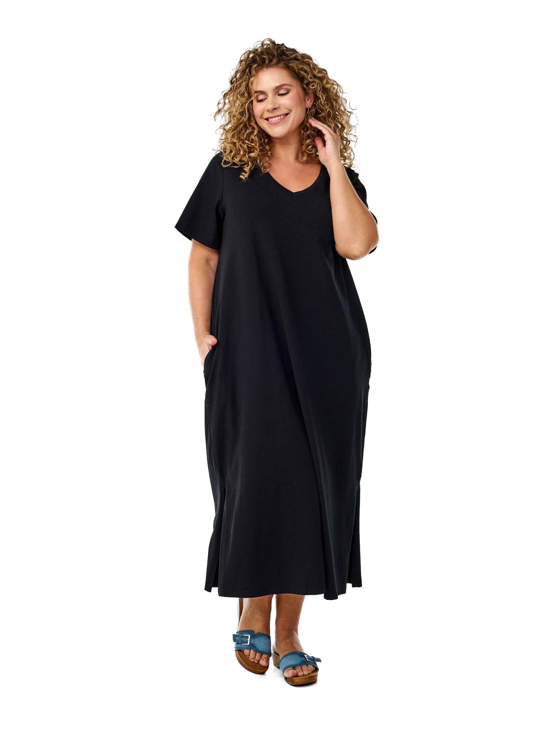 ZIZZI Dresses Midi Kleid Kurzarm V-Ausschnitt Schwarz Baumwolle