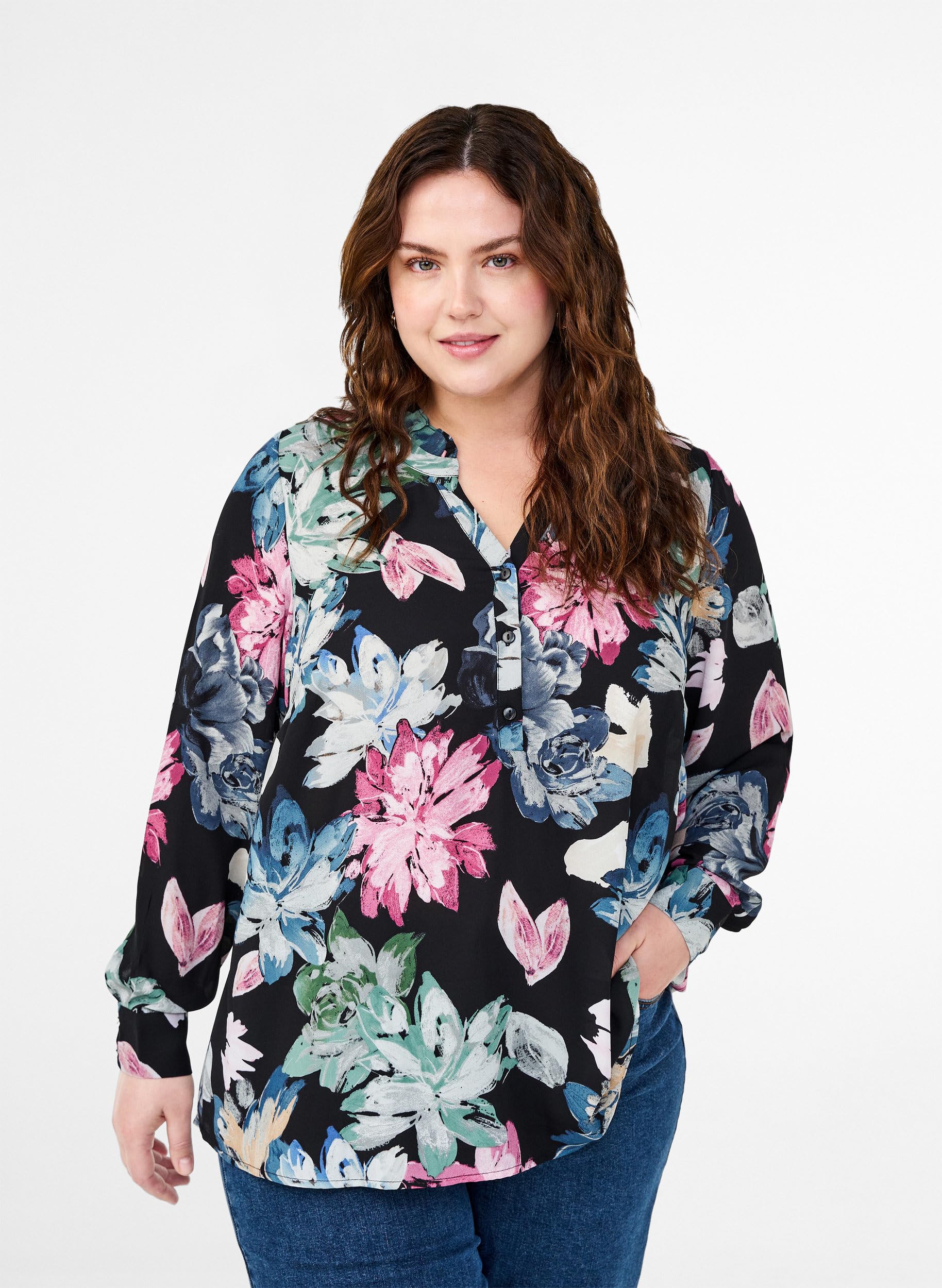 Zizzi Bluse Blumendruck Langarm Rüschenkragen 42-60