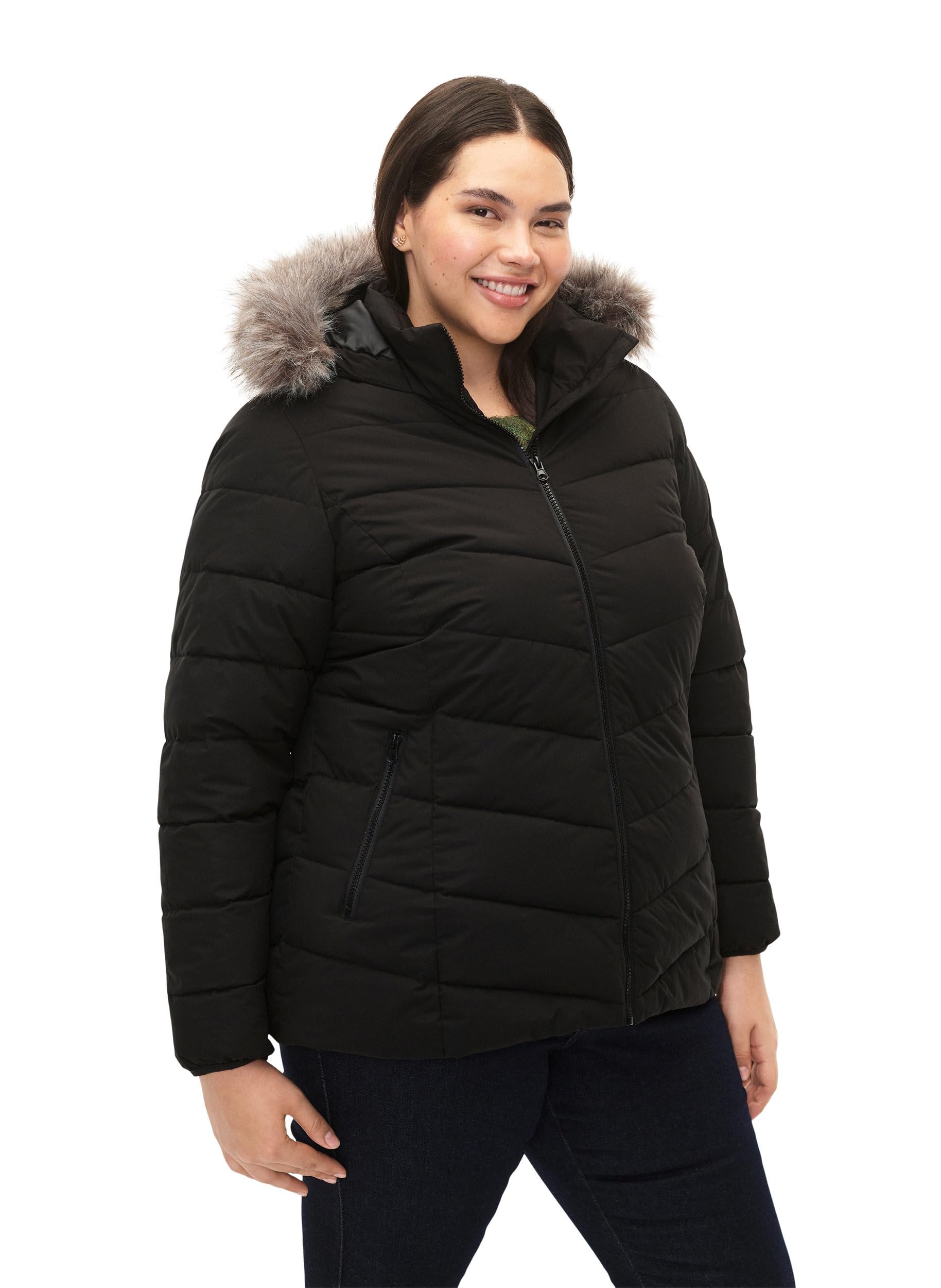 Zizzi Steppjacke Kapuze Fellkragen Schwarz Damen