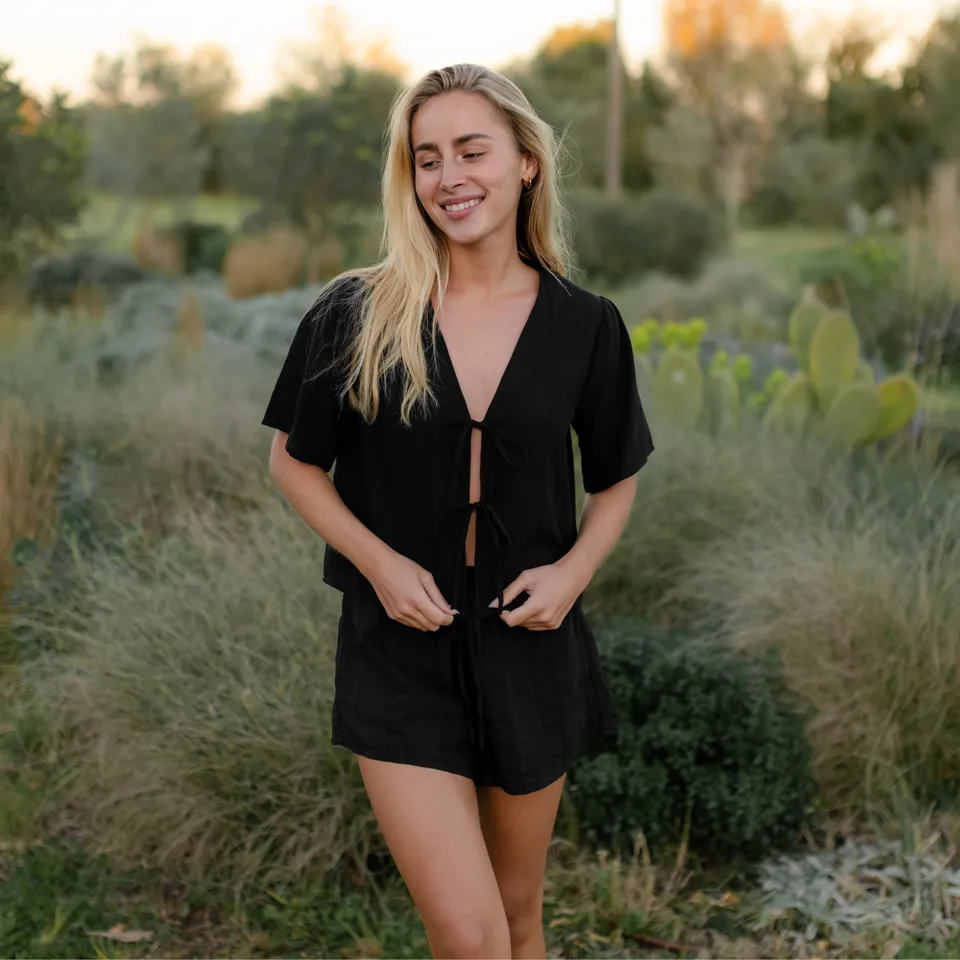 NORDLICHT Kari Jacquard Bluse Schwarz Kurzarm