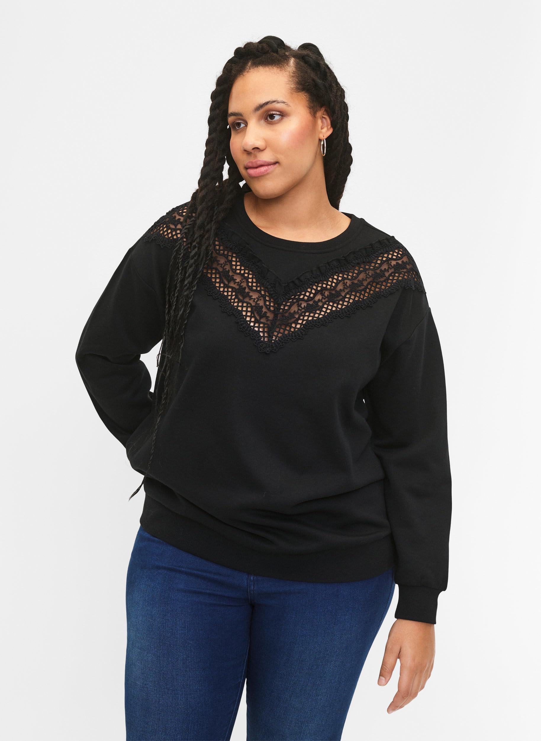 Zizzi Sweats Sweatshirt Rundhals Große Größen Rüschen Häkel