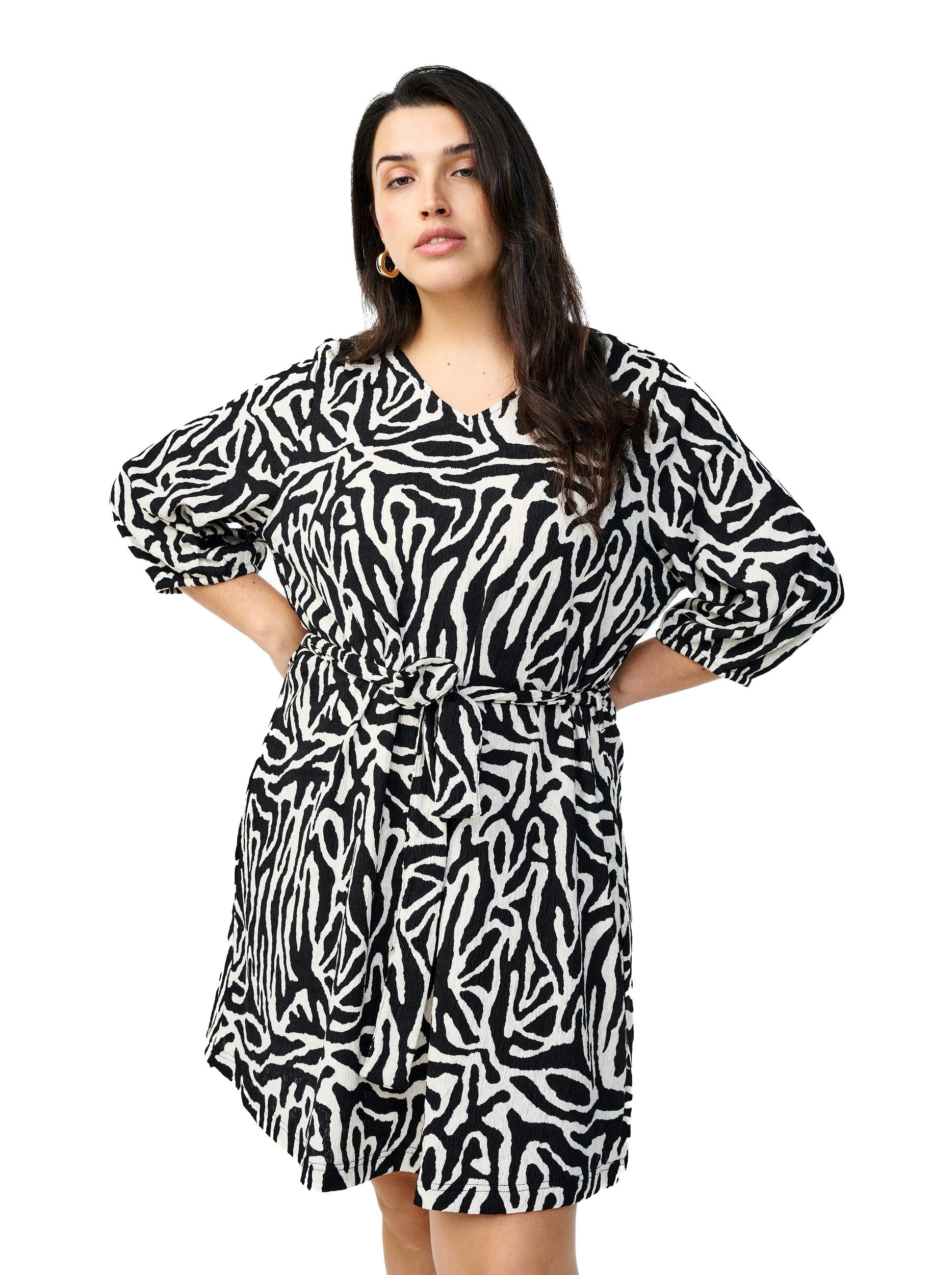 Zizzi Kleid Zebra 3/4-Ärmel V-Ausschnitt Kurzes Kleid