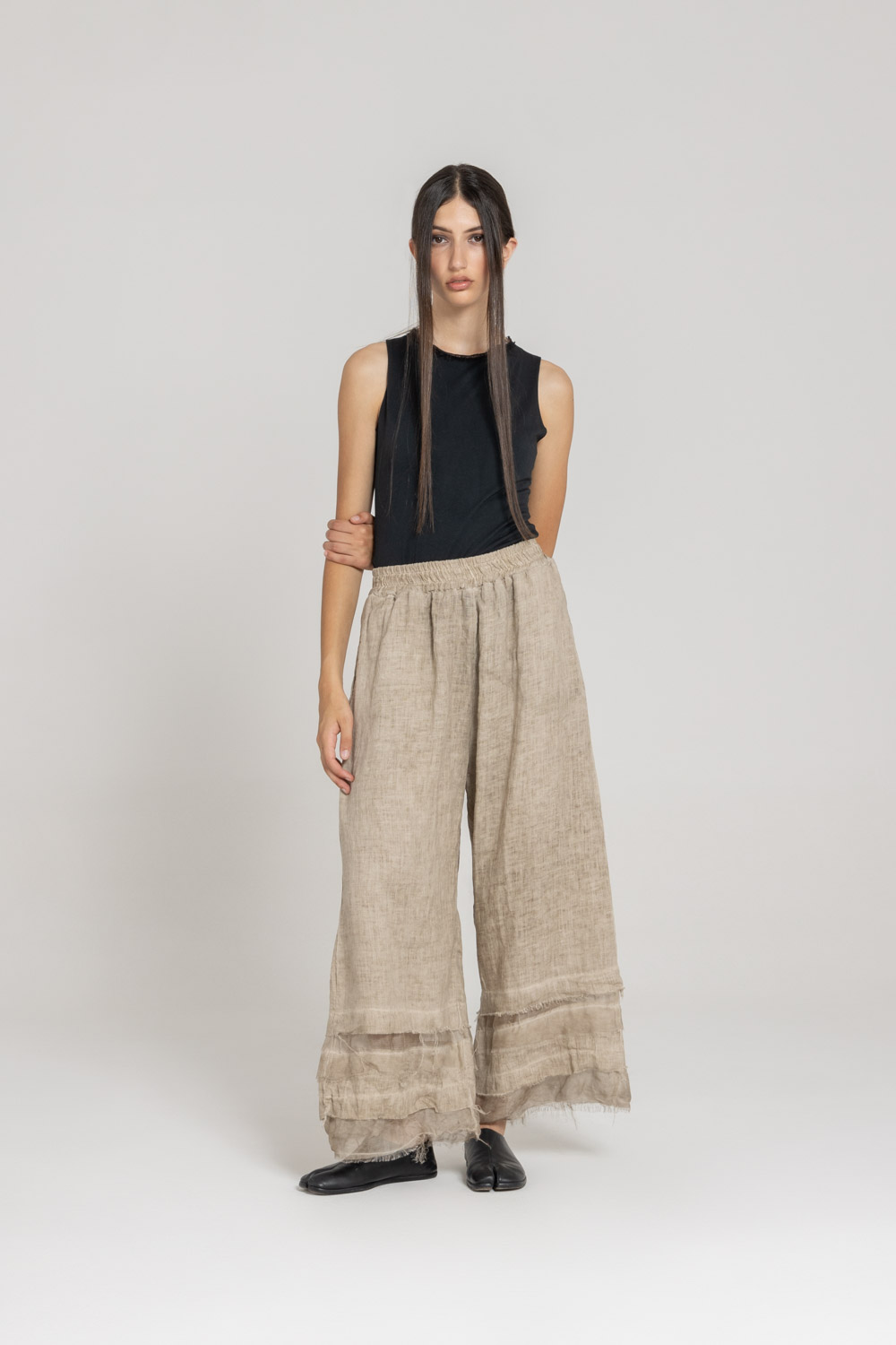 Sanctamuerte Pantaloni Doppia Balza Hose Leinen Viskose Seide
