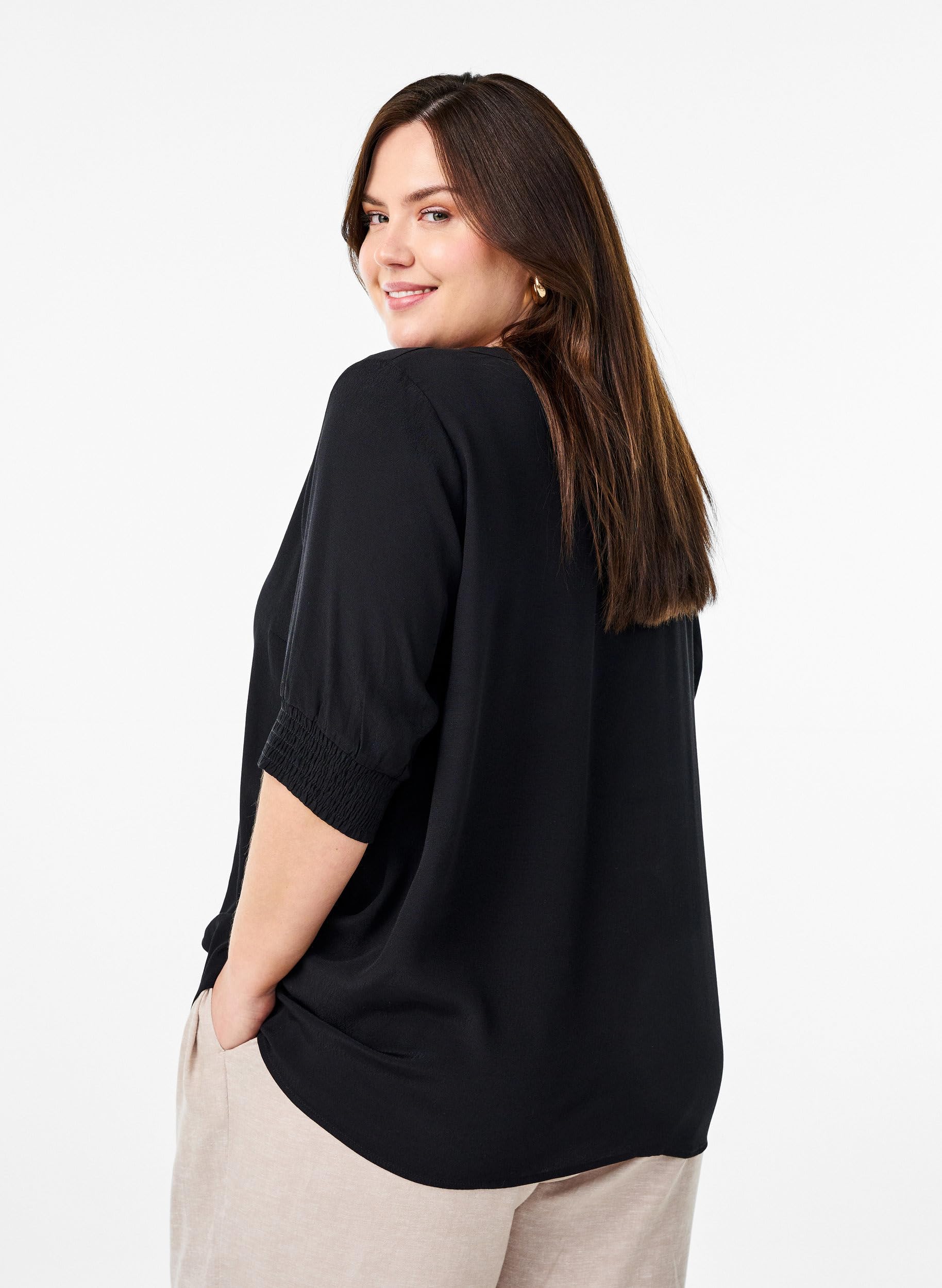 Zizzi Hemdbluse Viskose Kurzarm V-Ausschnitt Bluse Regular Fit