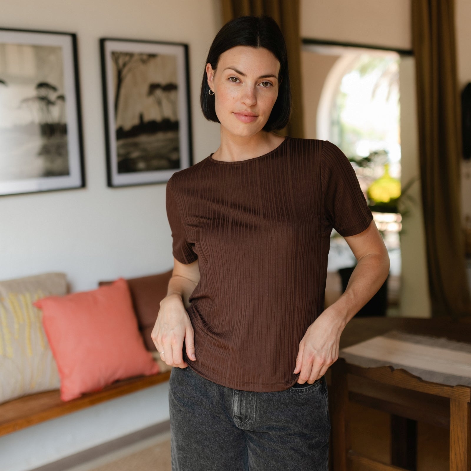 NORDLICHT Lily T-Shirt braun Streifen Tencel
