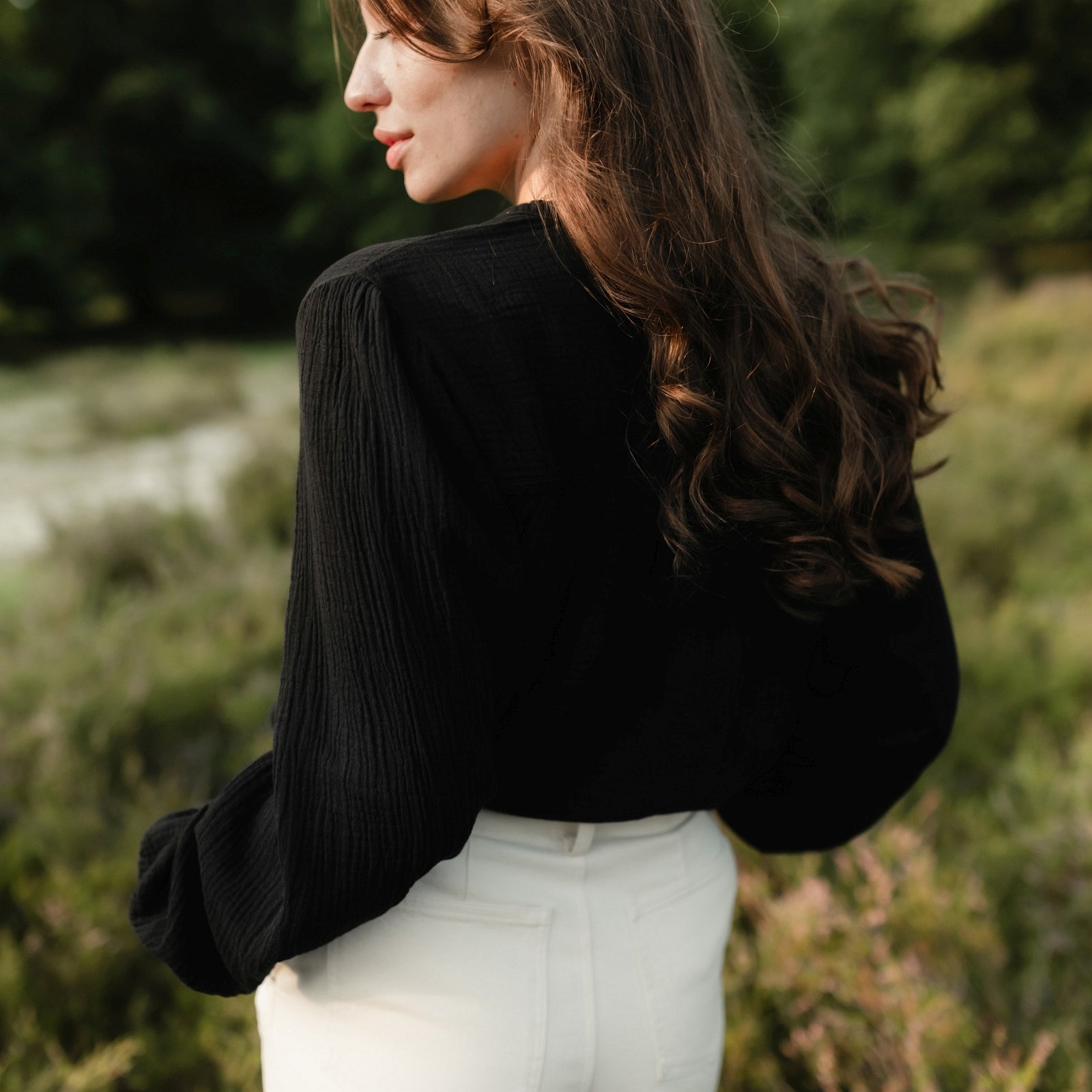 NORDLICHT Emi Langarm Musselin Bluse Schwarz Bio