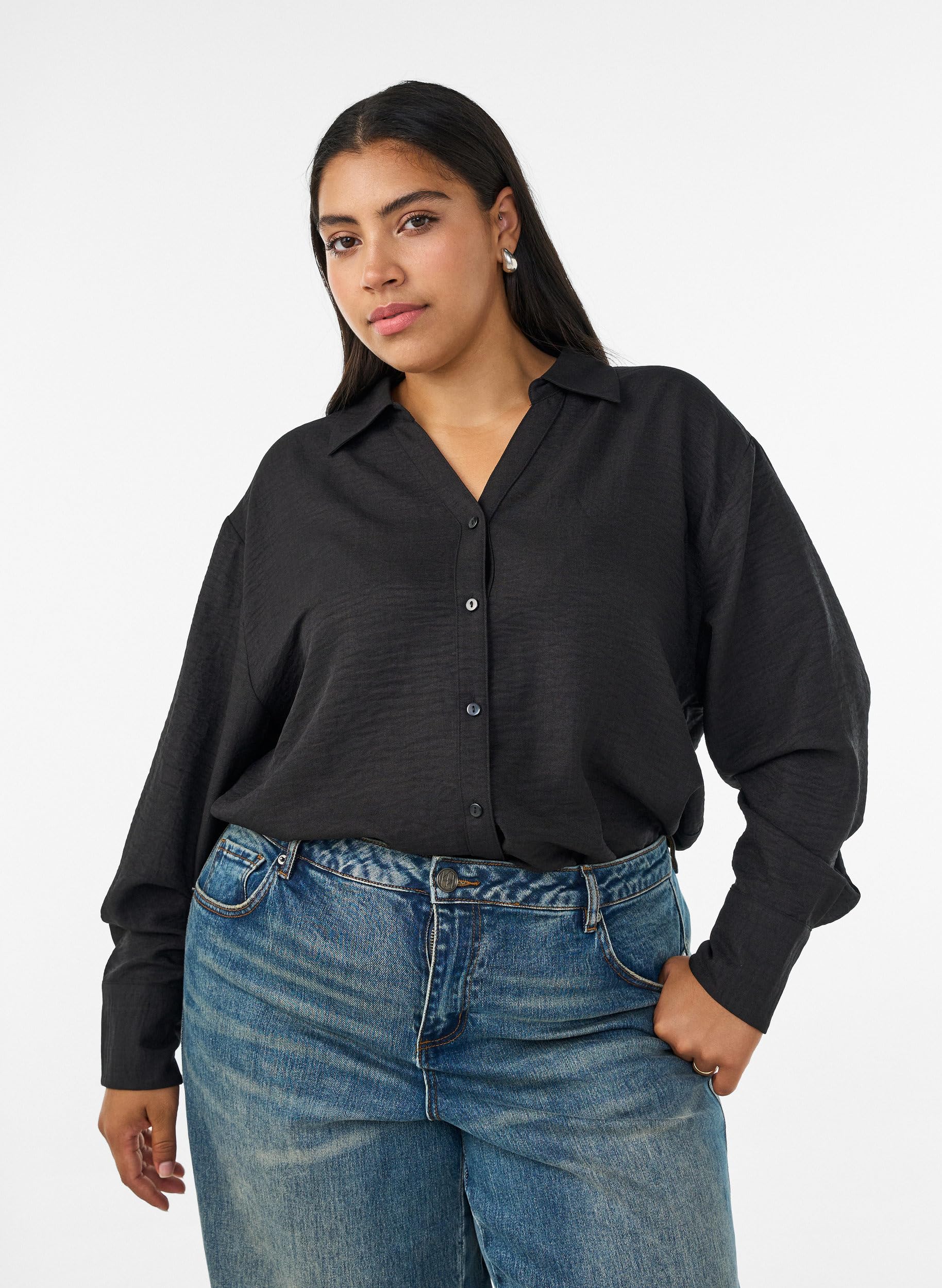 Zizzi Hemdbluse V-Ausschnitt Langarm Schwarz Große Größen