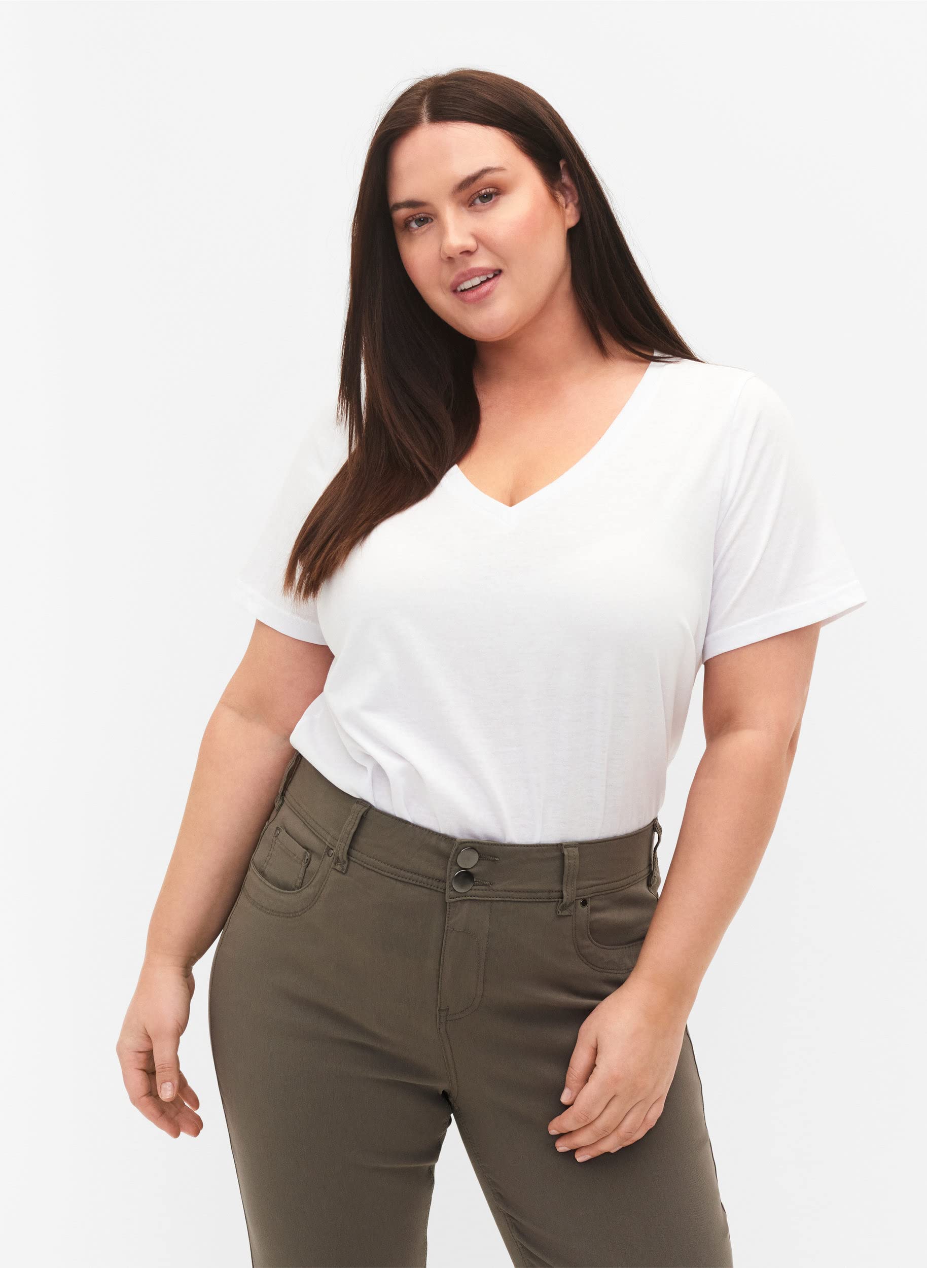 Zizzi T-Shirts Basic T-Shirt V-Ausschnitt Bright White 42-44