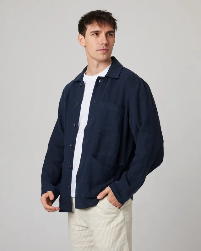 Peregrine Windsor Linen Shacket Hemdjacke Navy Stripe Leinen
