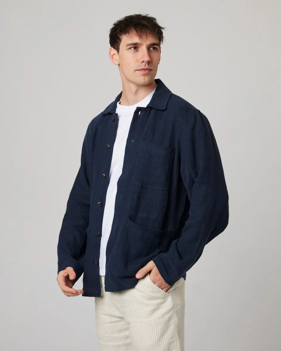 Peregrine Windsor Linen Shacket Hemdjacke Navy Stripe Leinen