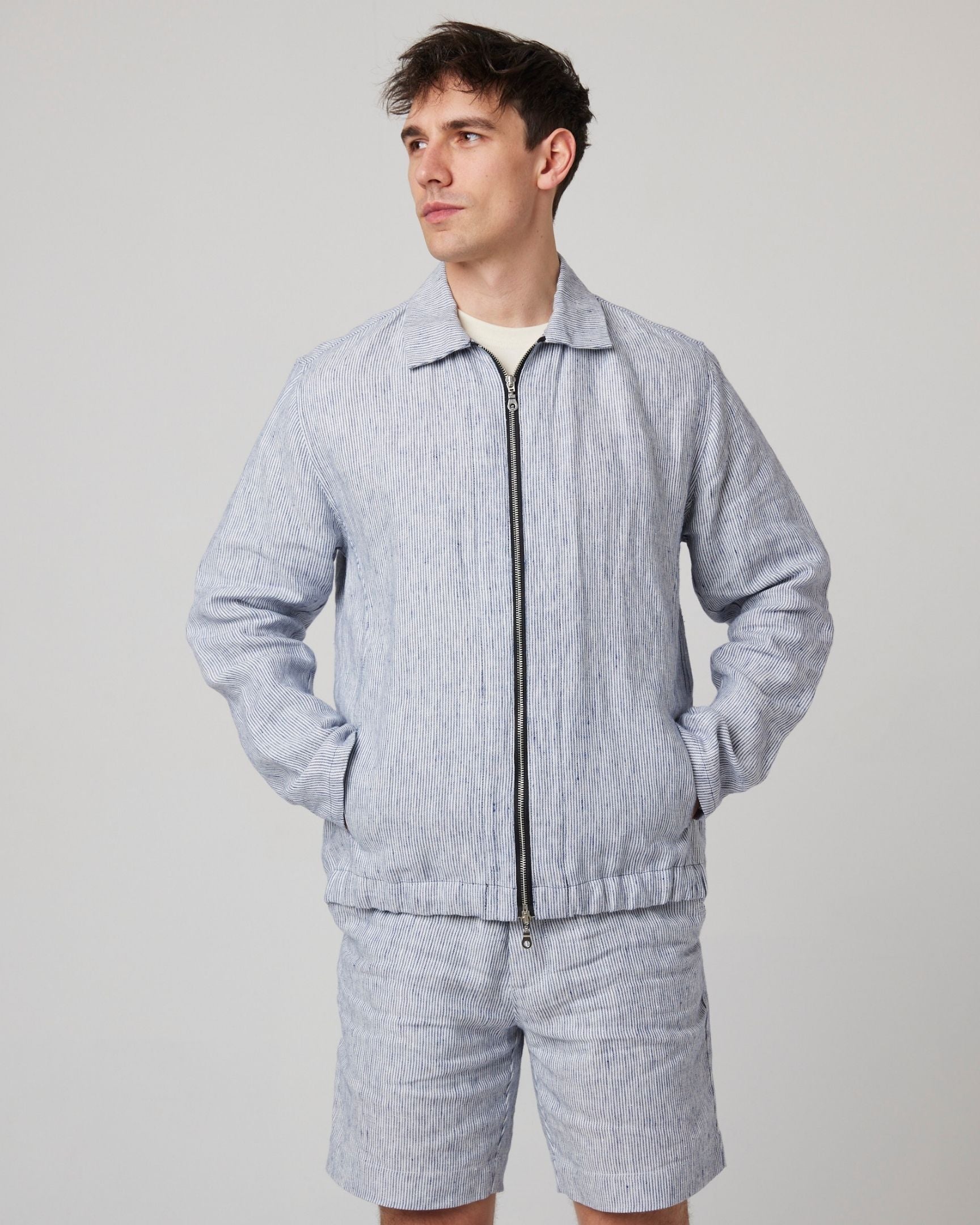 Peregrine Windsor Linen Bomber Jacke Navy Stripe Leinen