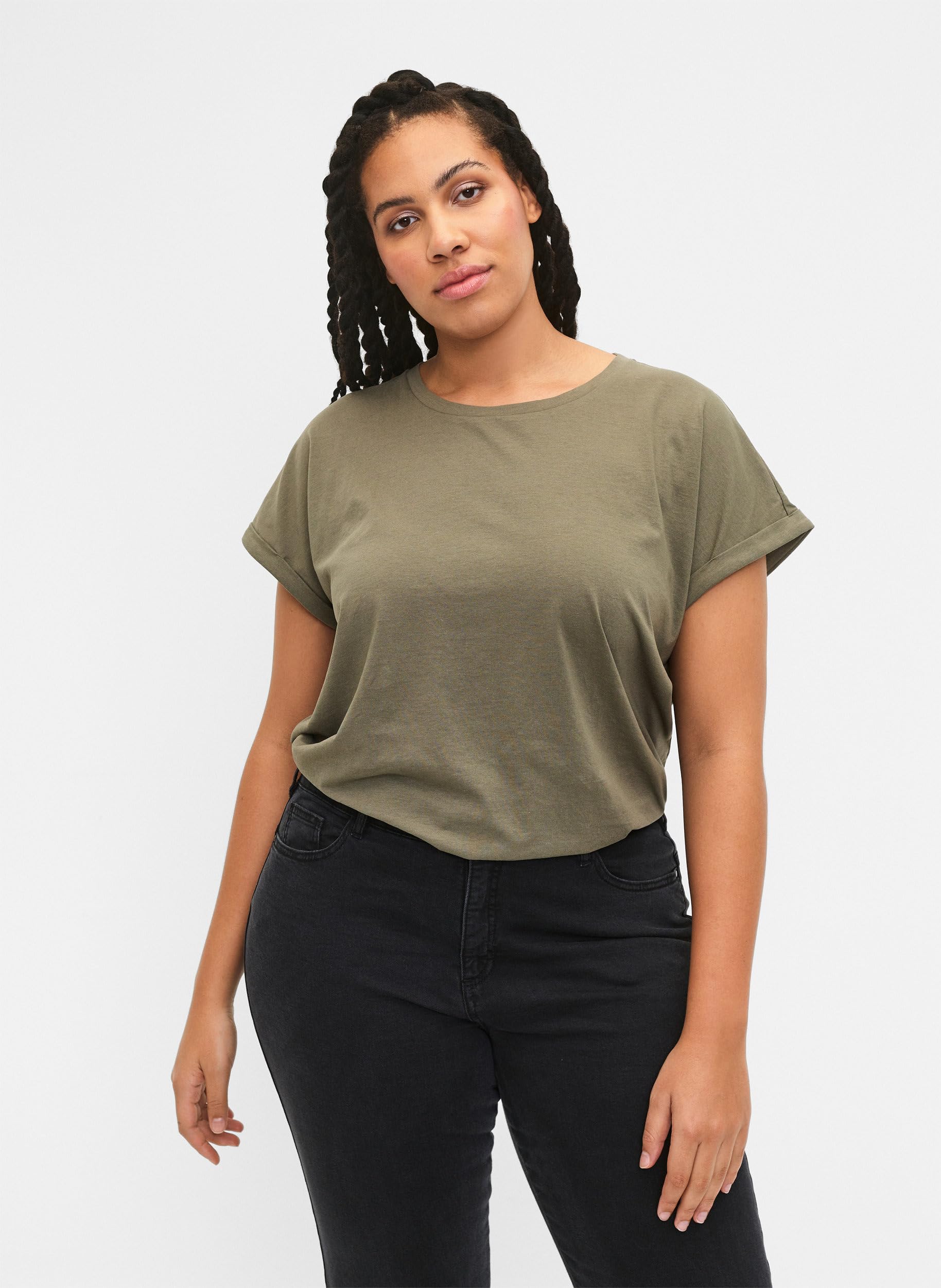 Zizzi T-Shirt 2er Pack Damen Rundhals Dusty Olive