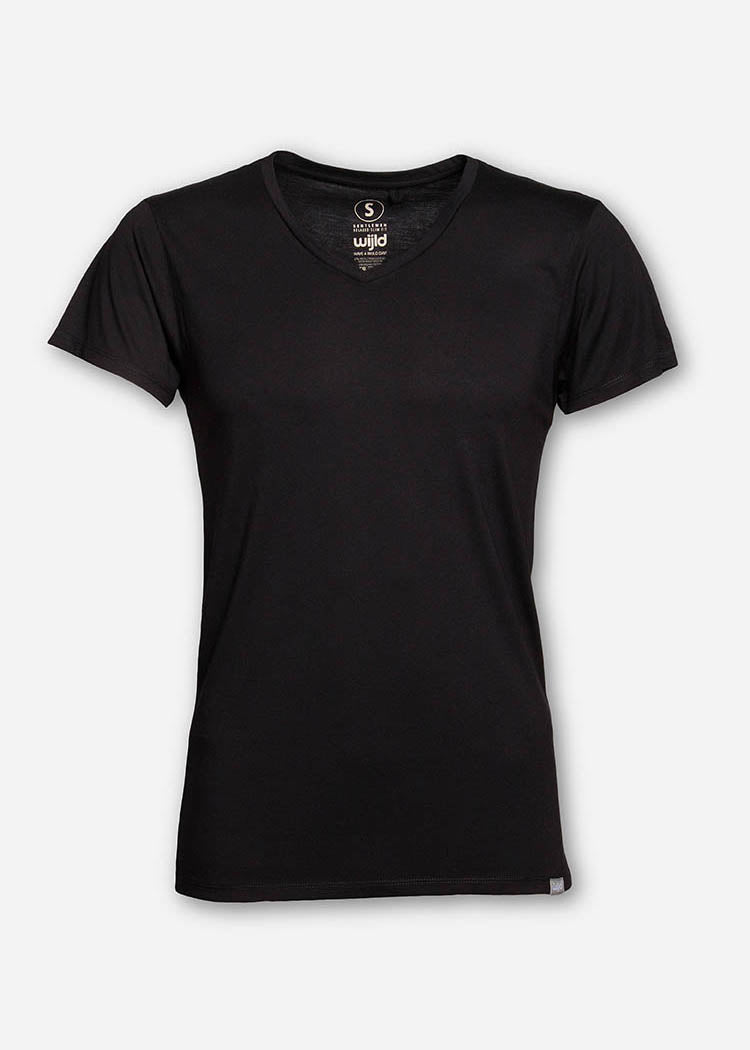 Wijld V-Ausschnitt WoodShirt T-Shirt Schwarz Regular