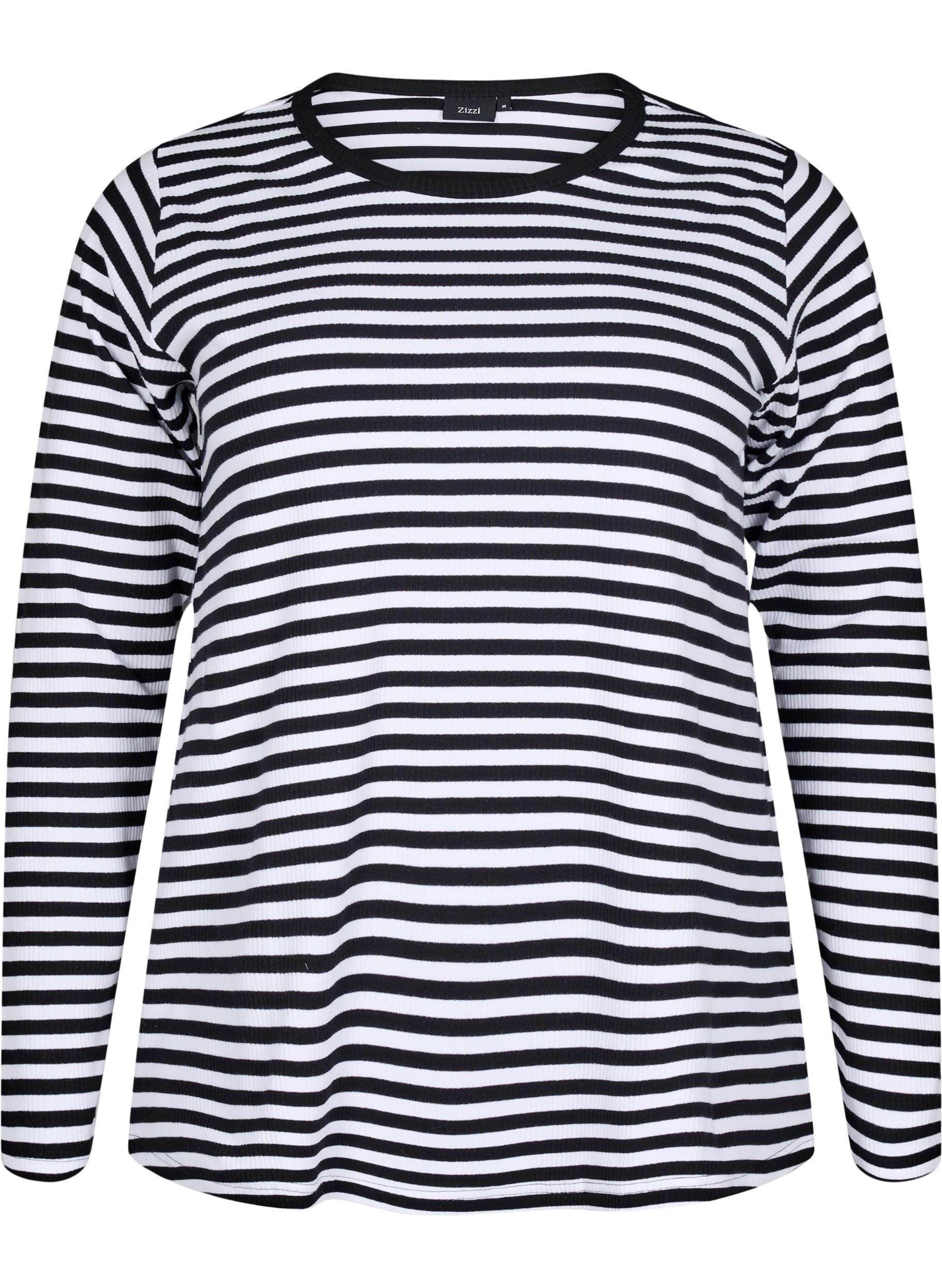 Zizzi Blouses Streifen-Bluse Langarm Baumwolle Black/White 50-52