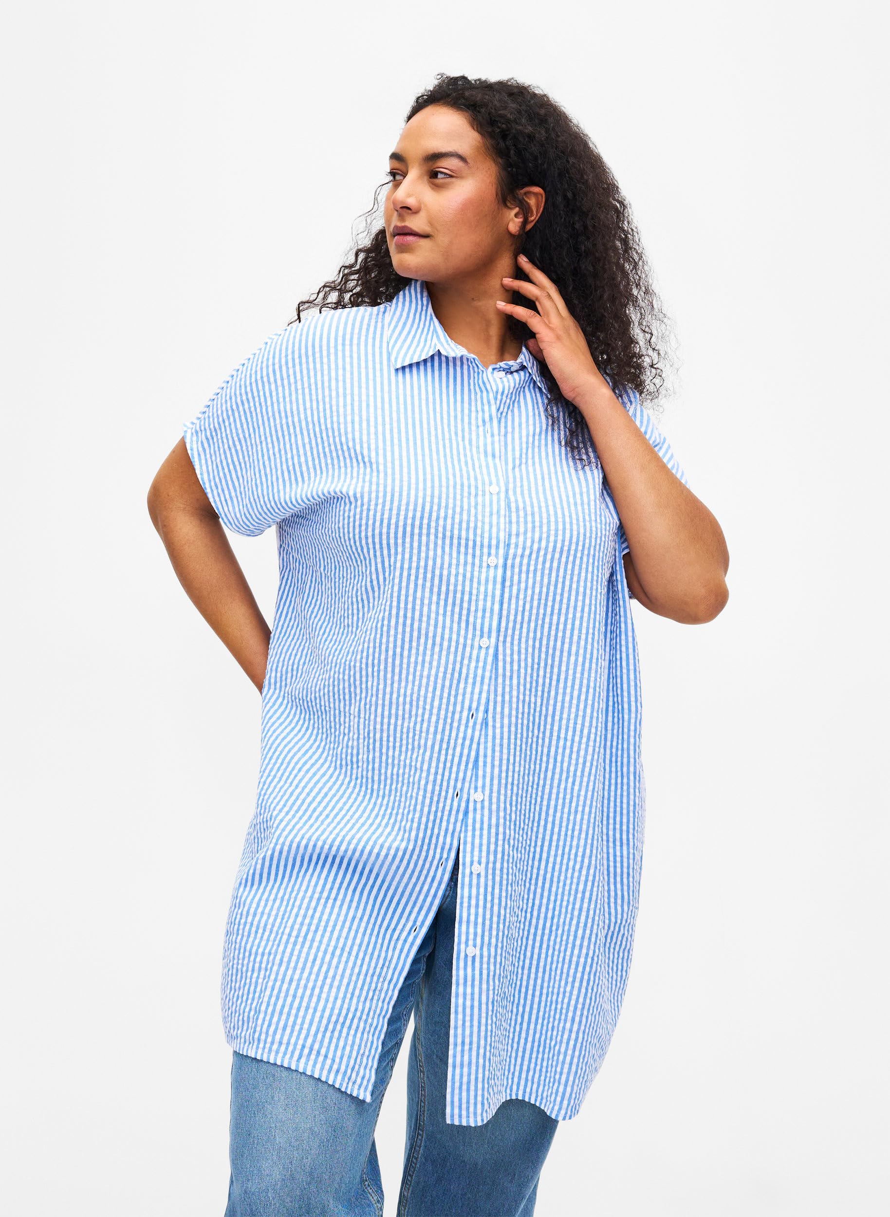 Zizzi T-Shirts Langes Shirt M 46/48 Light Blue Stripe Baumwolle