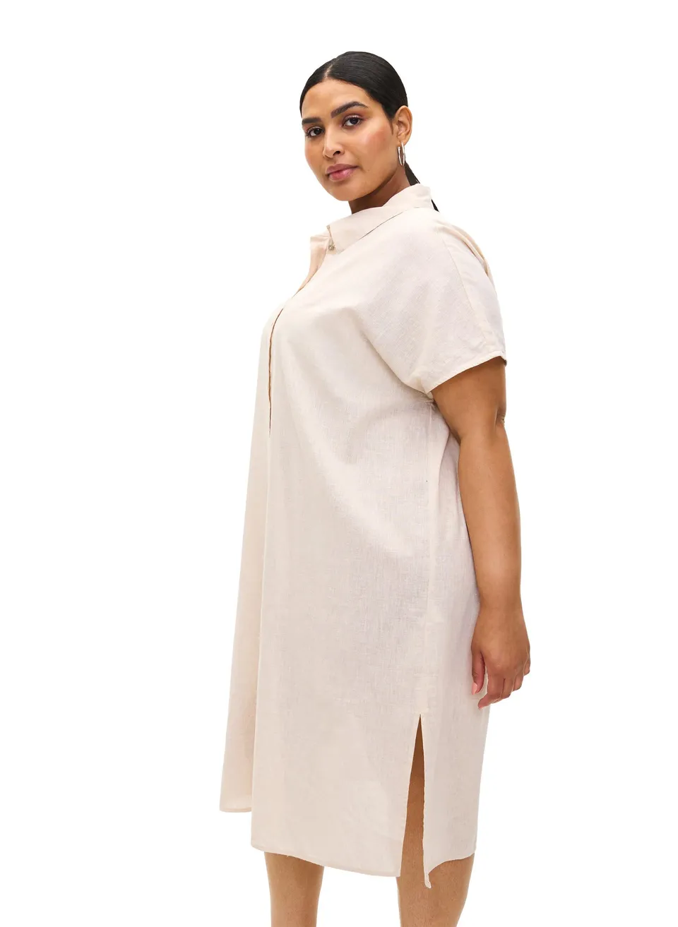 Zizzi Blouses Hemd Lang Baumwolle-Leinen Kurzarm