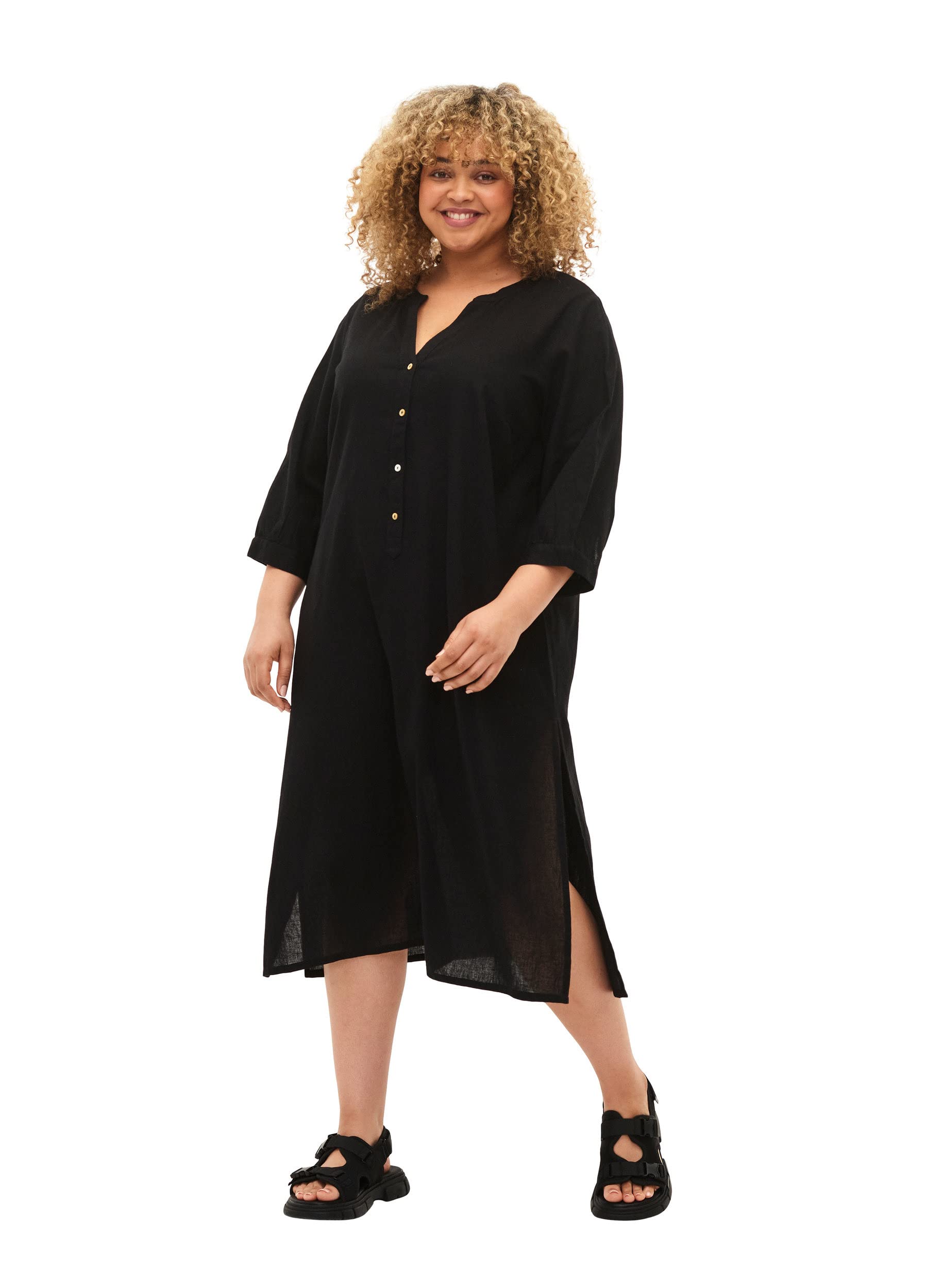 Zizzi Hemdkleid Damen 3/4-Arm Baumwolle Leinen