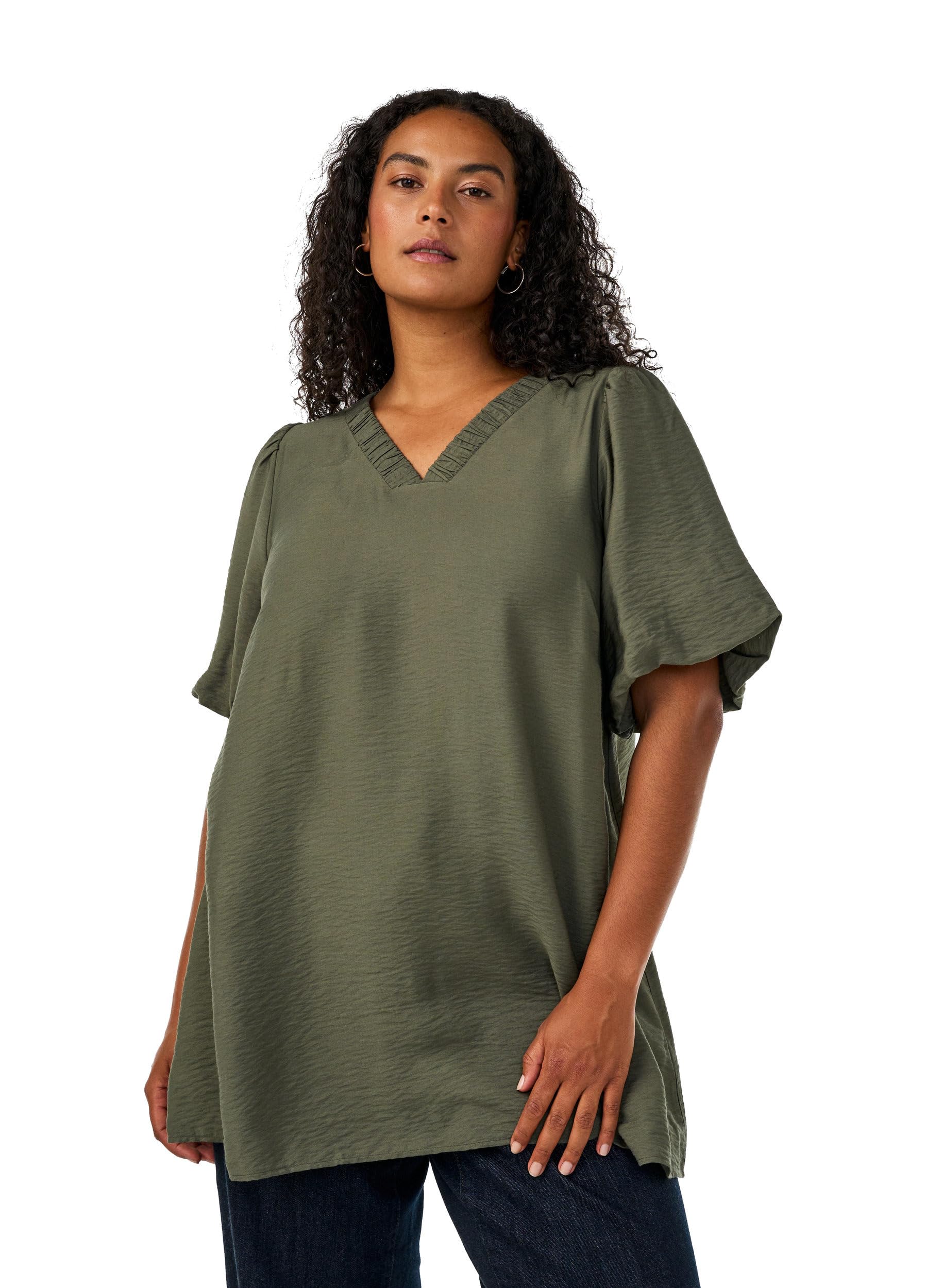 Zizzi Tunika V-Neck Puffärmel T-Shirt Große Größen Viskose
