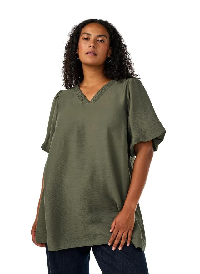 Zizzi Tunika V-Neck Puffärmel T-Shirt Große Größen Viskose