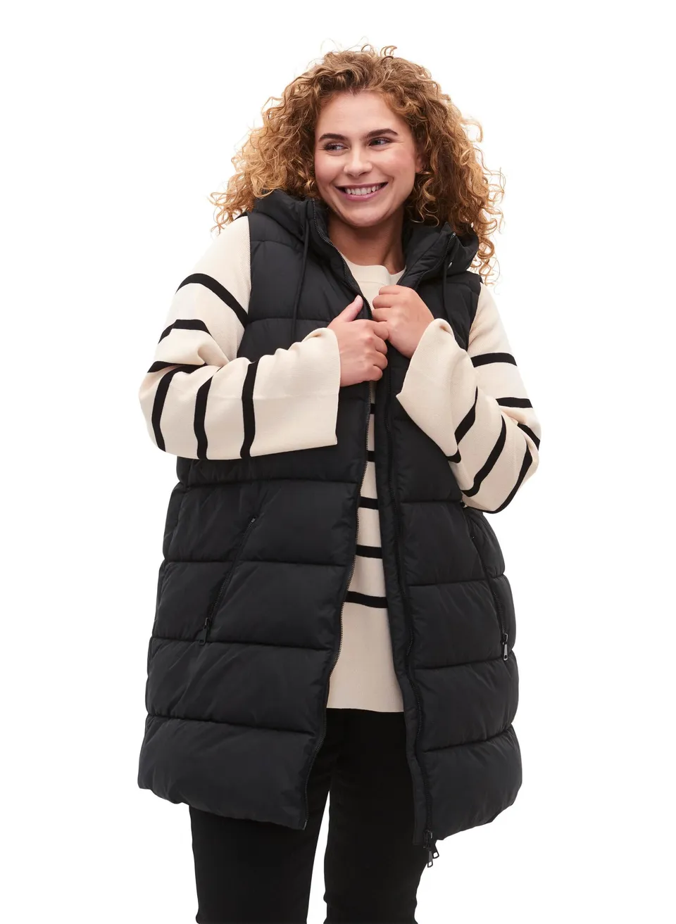 Zizzi Jackets Lange Weste Schwarz 42-44 mit Kapuze