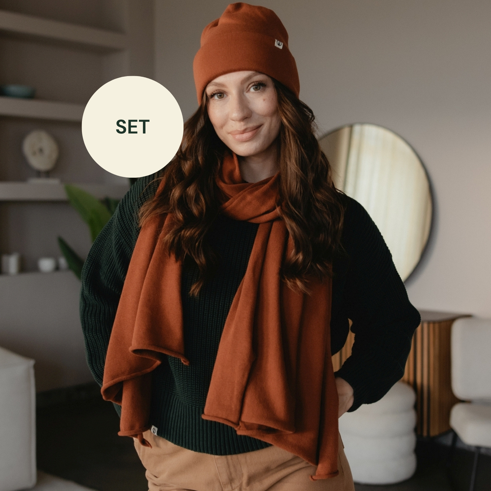 Nordlicht Thea Jori Set Feinstrick Schal Strickmütze Braun