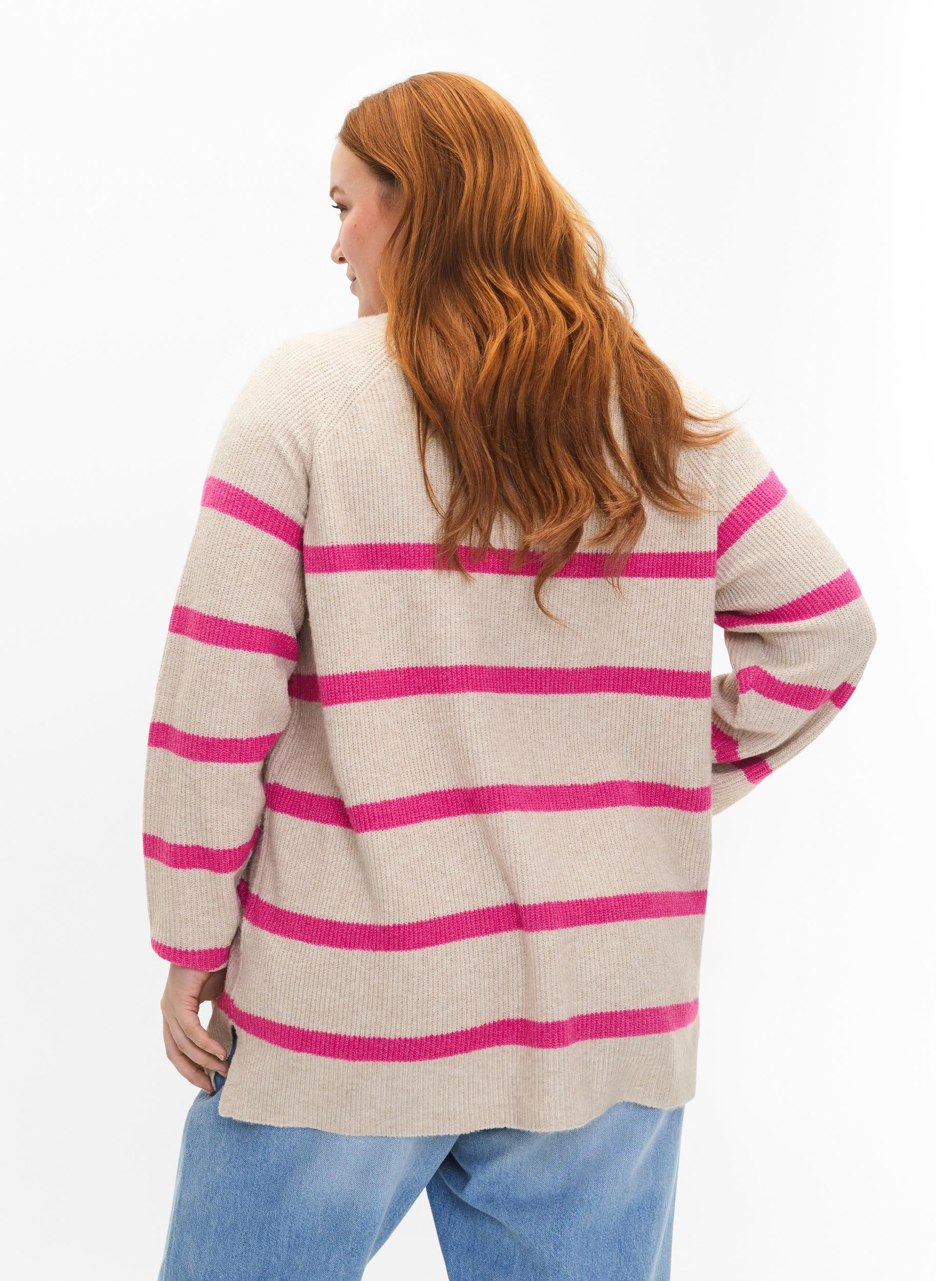 Zizzi Strickpullover Streifen Pullover Große Größen Rundhals Rippstrick